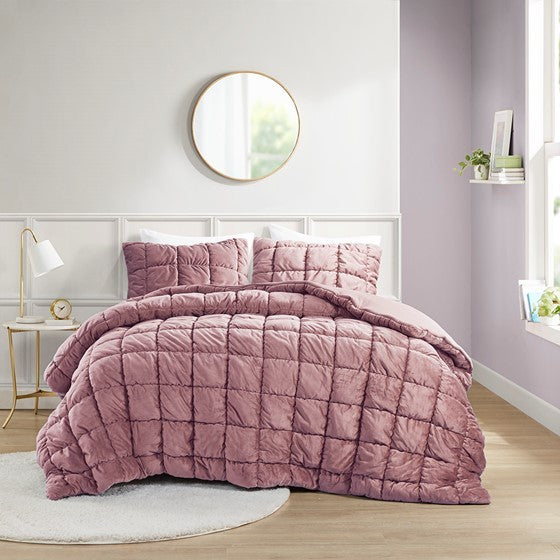 3 Piece Comforter Set Full Pink Polyester