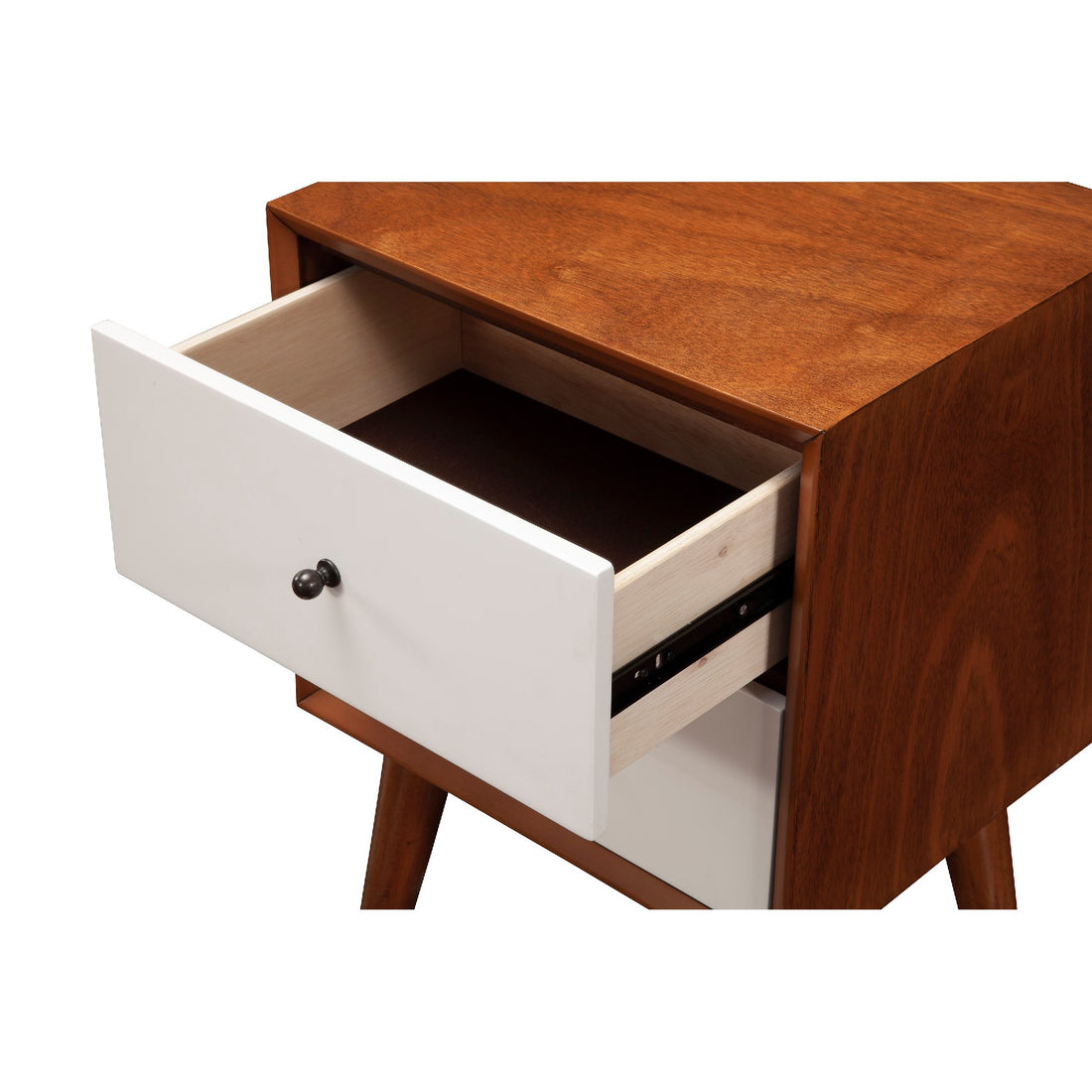 Stylish Wooden Nightstand With Two Drawers And Flared Legs, Brown And White Brown White Solid Wood