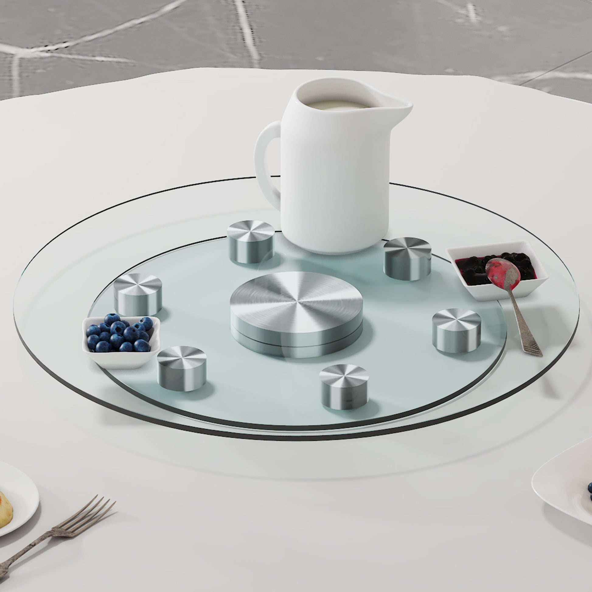 Double Layer Rotatable Round Glass.The Rotatable Design Makes It More Convenient To Retrieve And Place Items.The Upper Glass Has A Diameter Of 20 Inches, While The Lower Glass15 Inches. Transparent Glass