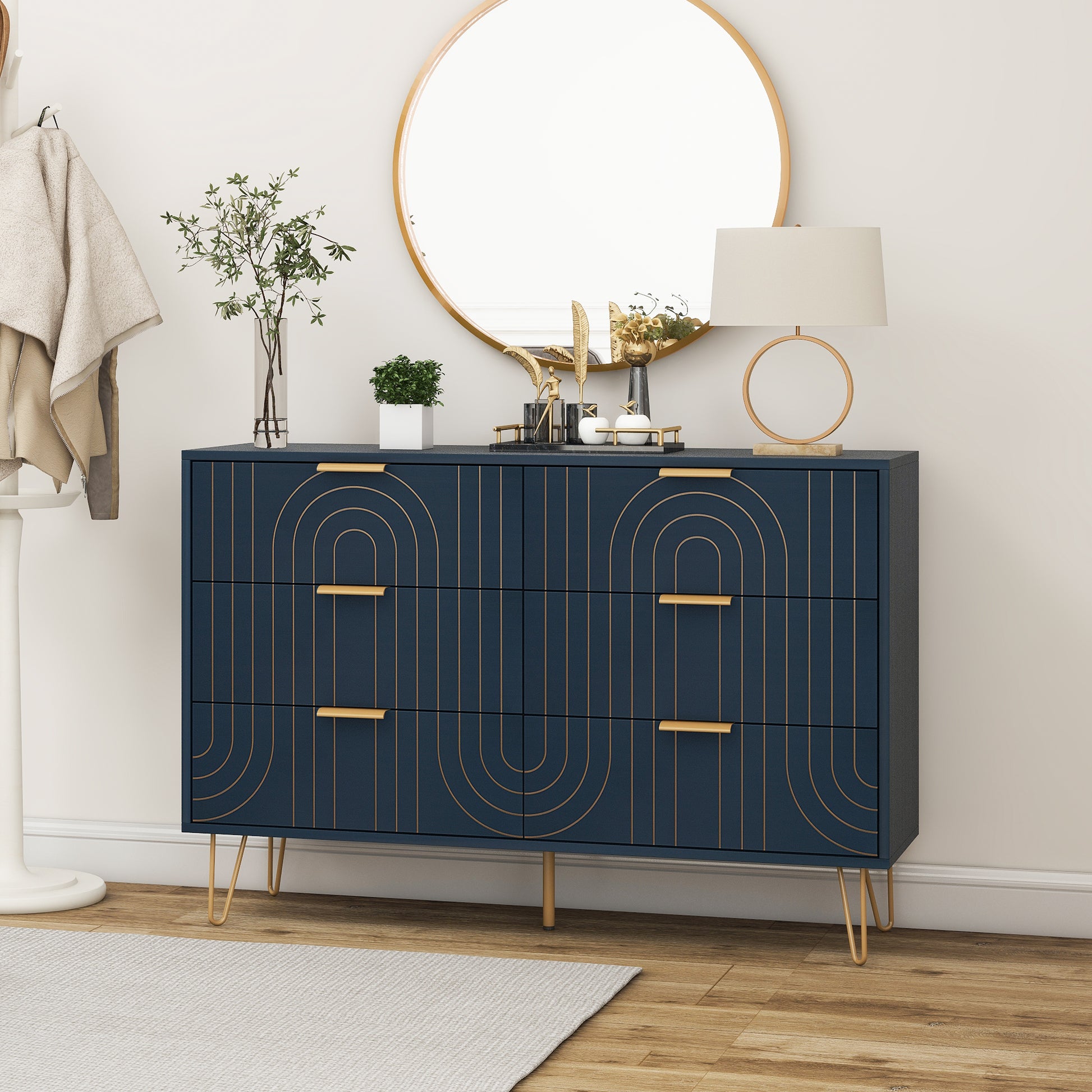 Modern 6 Drawer Dresser, Modern Dresser With Metal Handles, Storage Chest Of Drawer, Wide Dresser Drawer Organizers With Carving Design For Bedroom, Living Room, Hallway 5 Or More Drawers Dark Blue Modern Particle Board Mdf