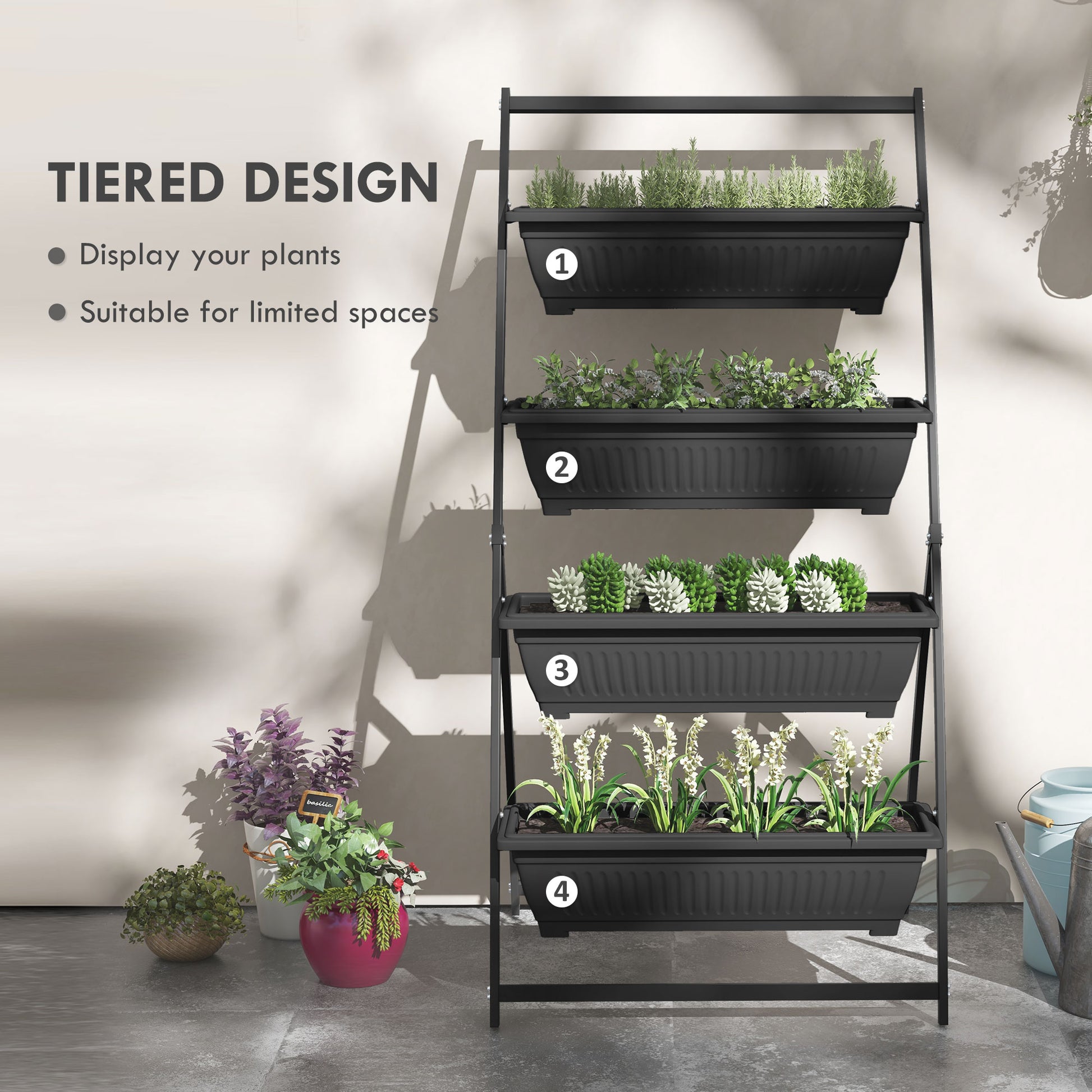 plastic tiered planter Outsunny Raised Garden Bed, 4 Tier Vertical Garden Planter Set, 4 Outdoor Planter Boxes With Stand, Self Draining Design Elevated Garden For