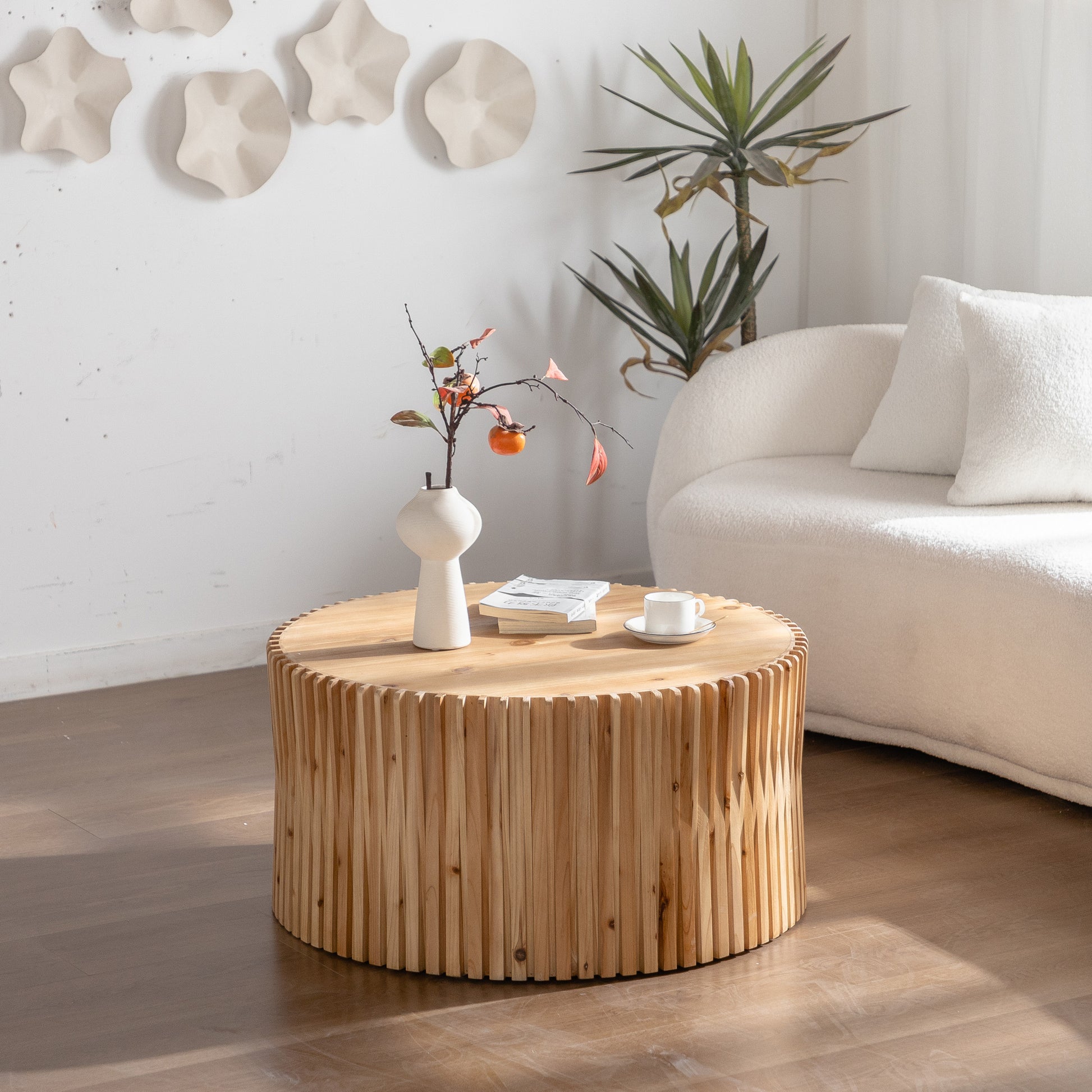31.5" Retro Fashion Style Cylindrical Coffee Table With Vertical Texture Relief Design,Suitable For Living Room,Office,And Dining Room Natural Fir Wood