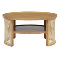 2 Tiered Round Natural Wood Coffee Table With Storage Rattan Base In 31.3'' Natural Rubber Wood