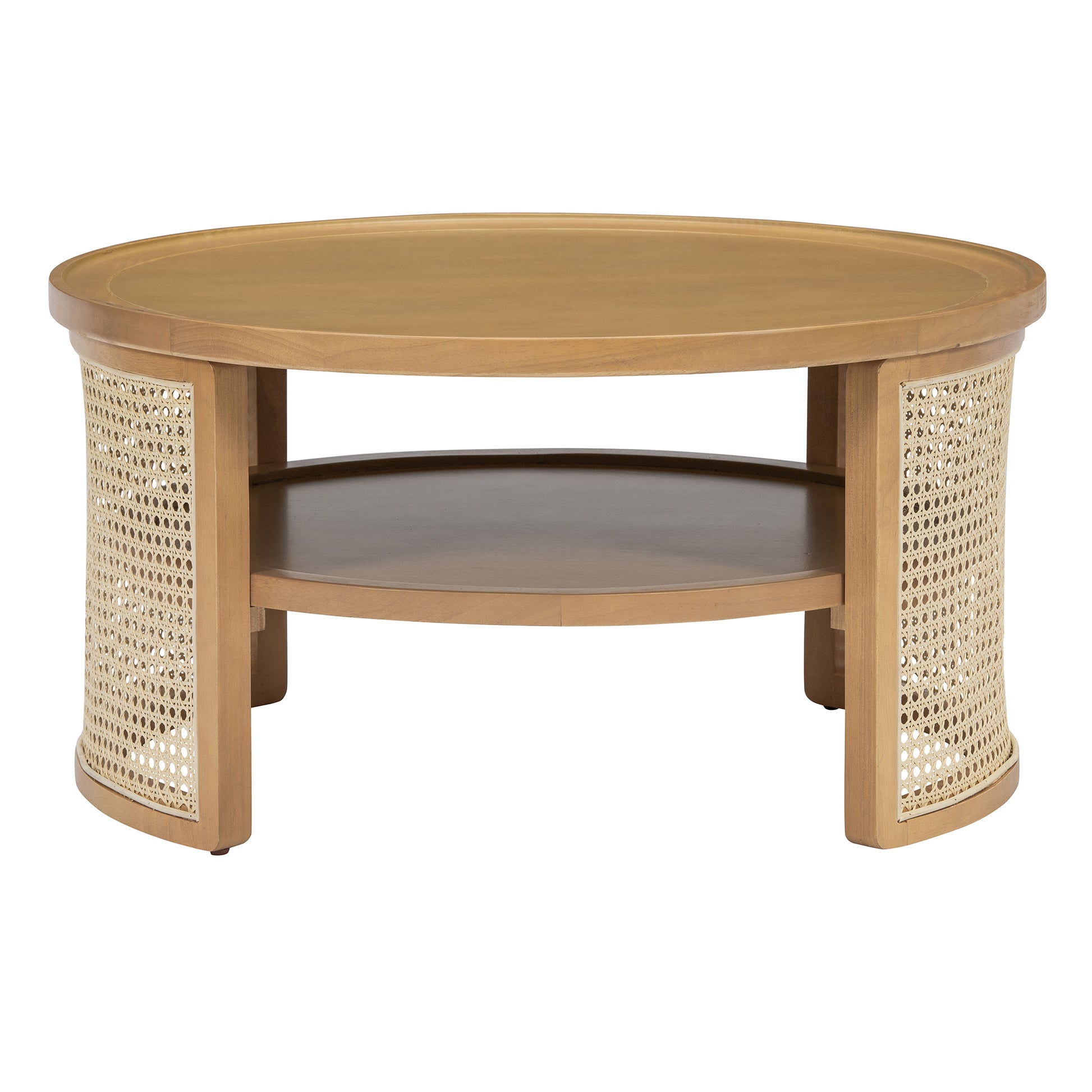 2 Tiered Round Natural Wood Coffee Table With Storage Rattan Base In 31.3'' Natural Rubber Wood