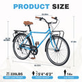 7 Speed, Steel Frame, Multiple Colors 26 Inch Vintage Style Bike,Retro Commute Bike For Women And Men Blue Steel