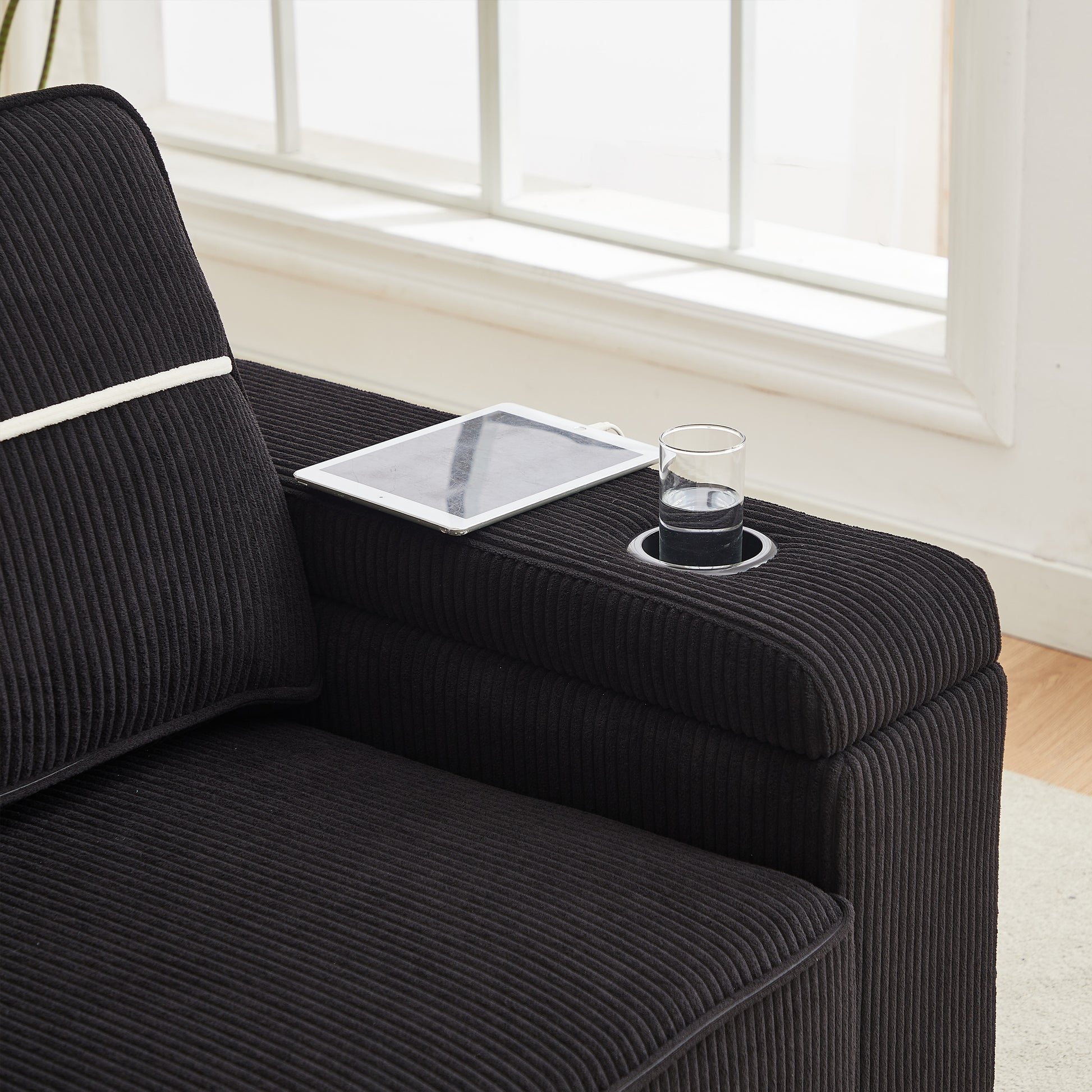 86.5 Inch Sofa Couch Deep Seat Sofa With Two Storage Spaces, T Pyce Charging Portsusb Charging Ports & 2 Cup ,Corduroy 3 Seater Couch, Modern Sofas For Living Room Black Foam Corduroy 3 Seat