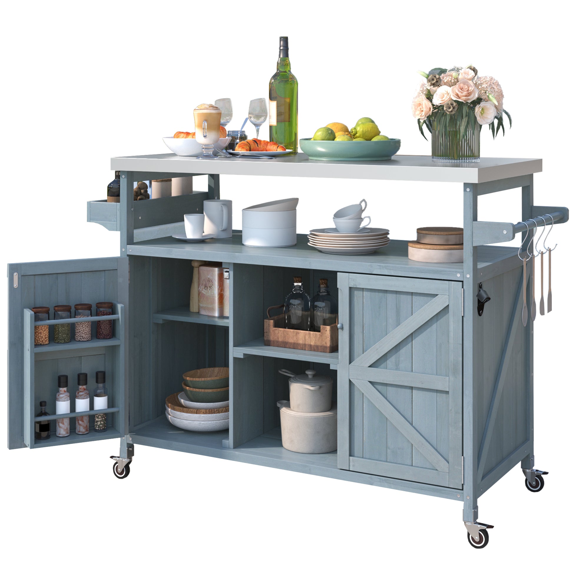 K&K Outdoor Kitchen Island, Rolling Bar Cart & Storage Cabinet, Farmhouse Solid Wood Outdoor Grill Table With Stainless Steel Top, Spice Racktowel Rack For Kitchen & Bbqgrey Blue Grey Blue Garden & Outdoor Classic,Farmhouse,French Country,Luxury,Modern