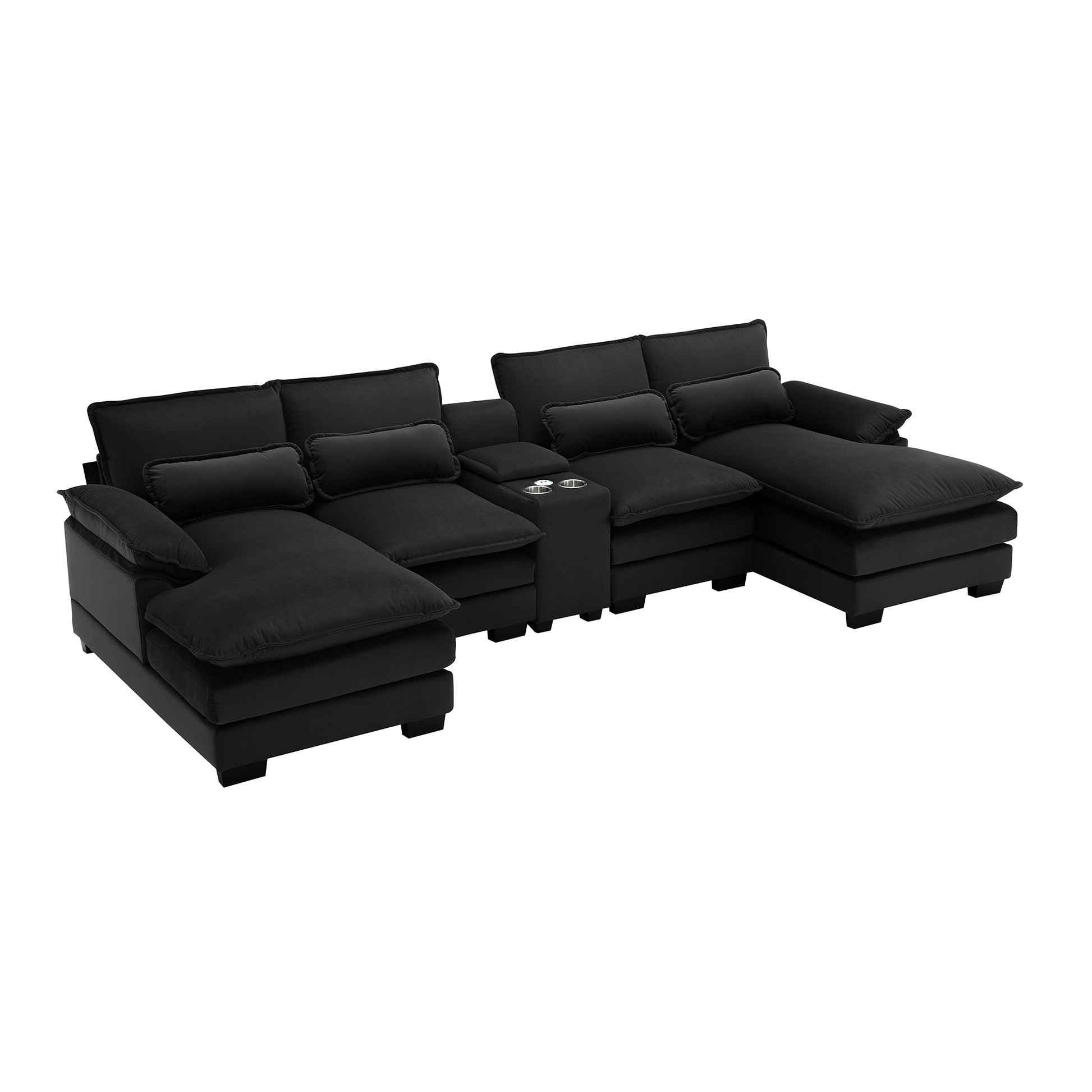 123*55" Modern U Shaped Sofa With Console,Cupholders And Usb Ports,6 Seat Upholstered Symmetrical Indoor Furniture,Sleeper Couch Set With Chaise For Living Room,Apartment,5 Colors Black Velvet 6