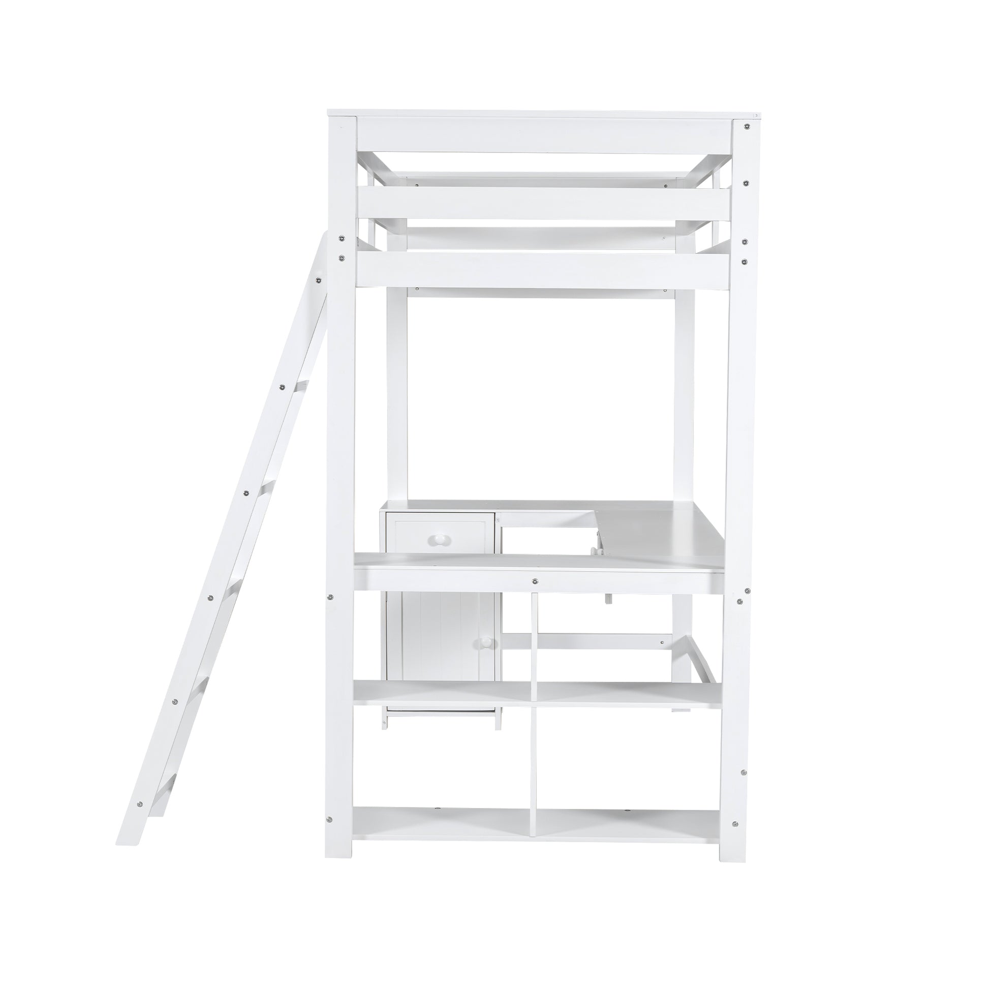 Twin Size Loft Bed With U Shaped Desk, Drawers And Storage Shelves, White Box Spring Not Required Twin White Wood Bedroom Solid Wood Mdf