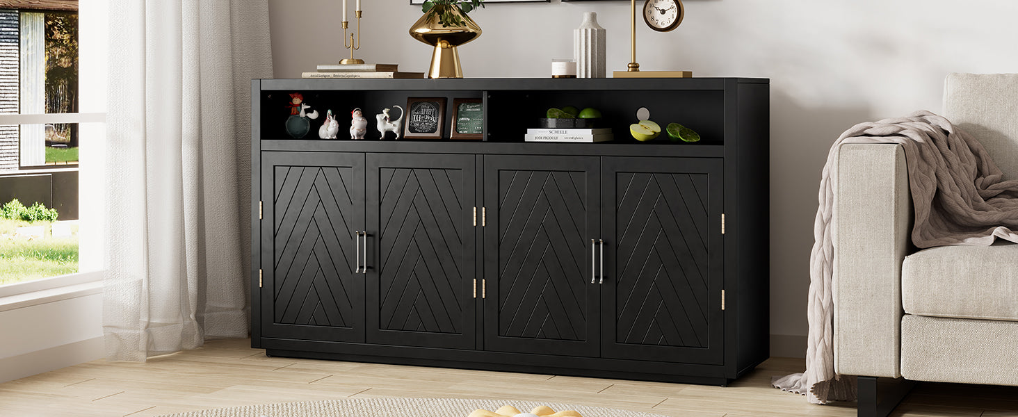 4 Door Classic Sideboard With Open Storage And Adjustable Shelves Perfect For Kitchens, Living Rooms Black Black Mdf