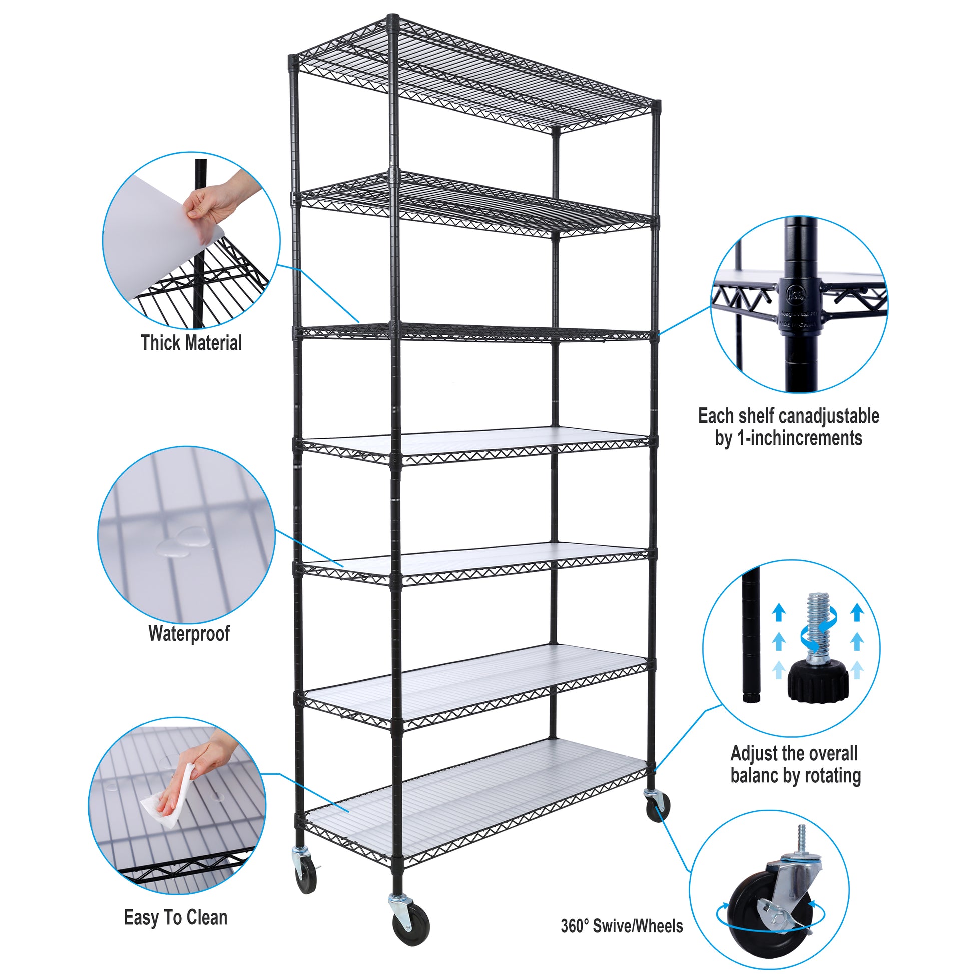 7 Tier Metal Shelf Wire Shelving Unit, 2450Lbs Heavy Duty Adjustable Storage Rack With Wheels & Shelf Liners For Closet Kitchen Garage Basement Commercial Shelving 81.5" H X 48" L X 18" D Black Black Metal