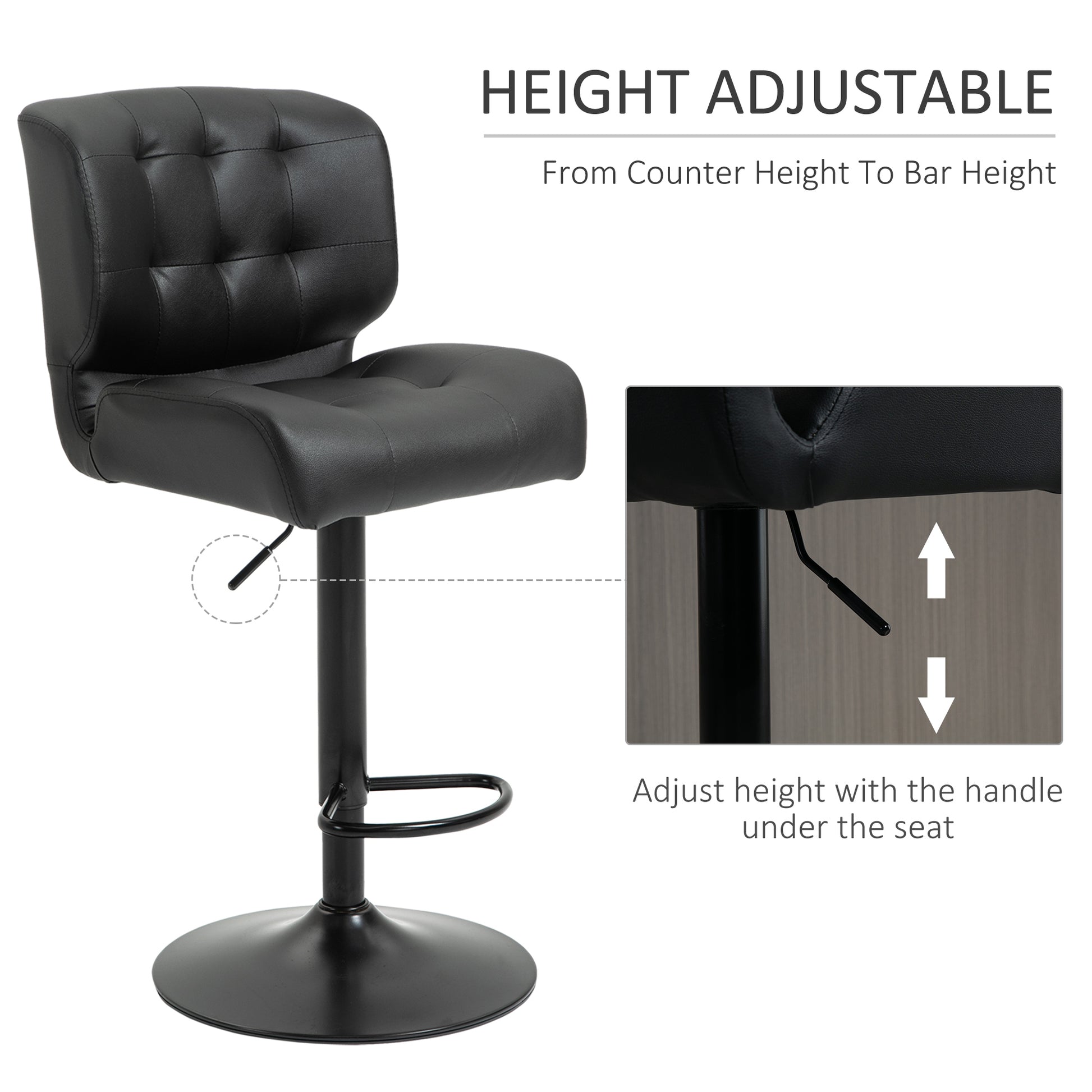 Homcom Bar Height Bar Stools Set Of 2 With Adjustable Seat, Thick Padded Cushion And Metal Footrest For Home Bar, Black Black Metal