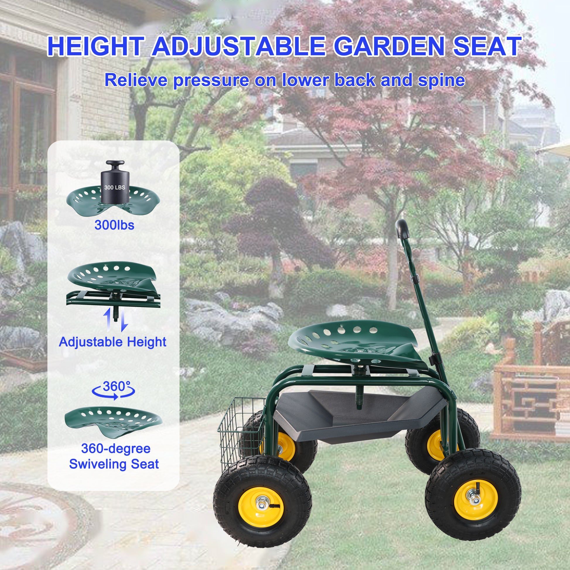 Garden Trolley Rolling Work Chair With Wheels, Garden Stool For Planting, 360 Degree Swivel Seat, Station Wagon Scooter With Steering Handle And Utility Tray, For Yard And Outdoors, Green Green Garden & Outdoor Iron