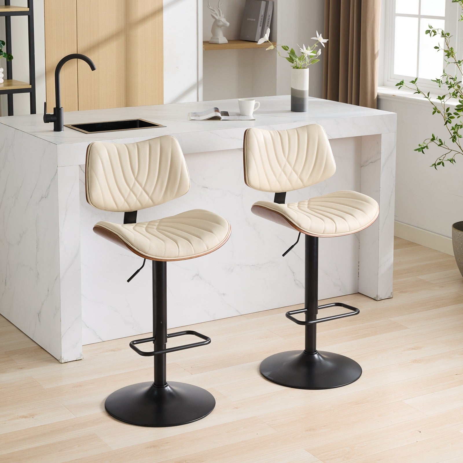 Walnut Bentwood Bar Stools Mid Century Modern Adjustable Counter Height Black Leather Upholstered 360 Swivel Bar Chairs For Kitchen Island Dining Room Cafe, 1 Chair 1Carton,Beige Beige American Design 1 Foam Pu Leather