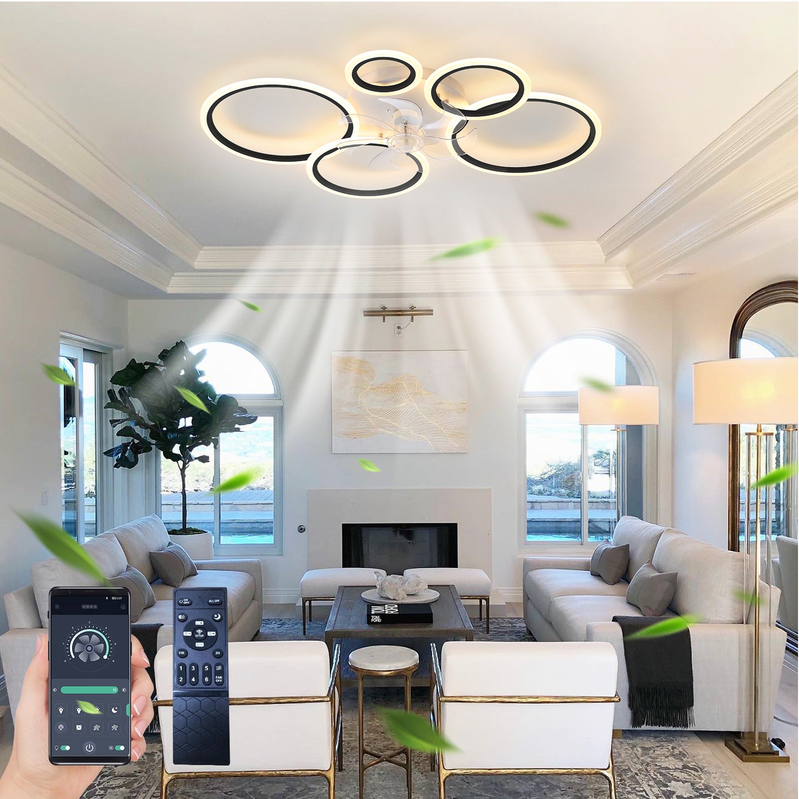 Black Ceiling Fan With Lights Remote Control And App Control, Dimmable With Remote 7 Blades 6 Speeds Of Wind Black Modern Iron Plastic