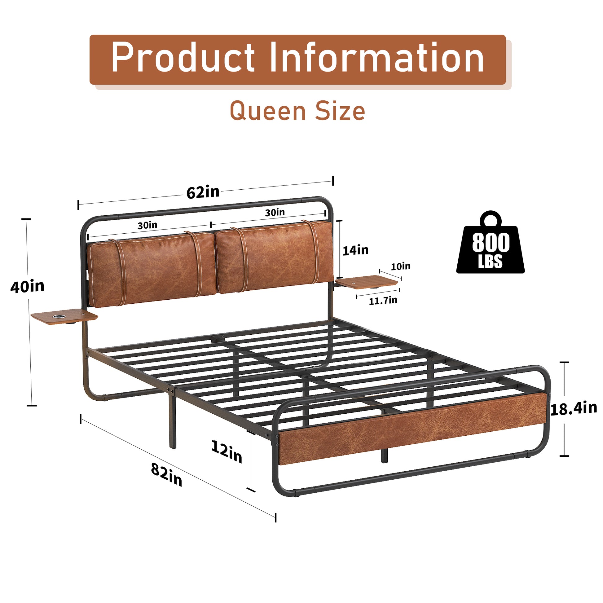 Queen Size Metal Bed Frame With Upholstered Headboard, With Wireless Charging And Usb A & Usb C, Touch Led Light,Oval Shaped Platform Bed With Under Bed Storage, No Box Spring Needed, Vintage Brown Box Spring Not Required Queen Antique Brown Metal