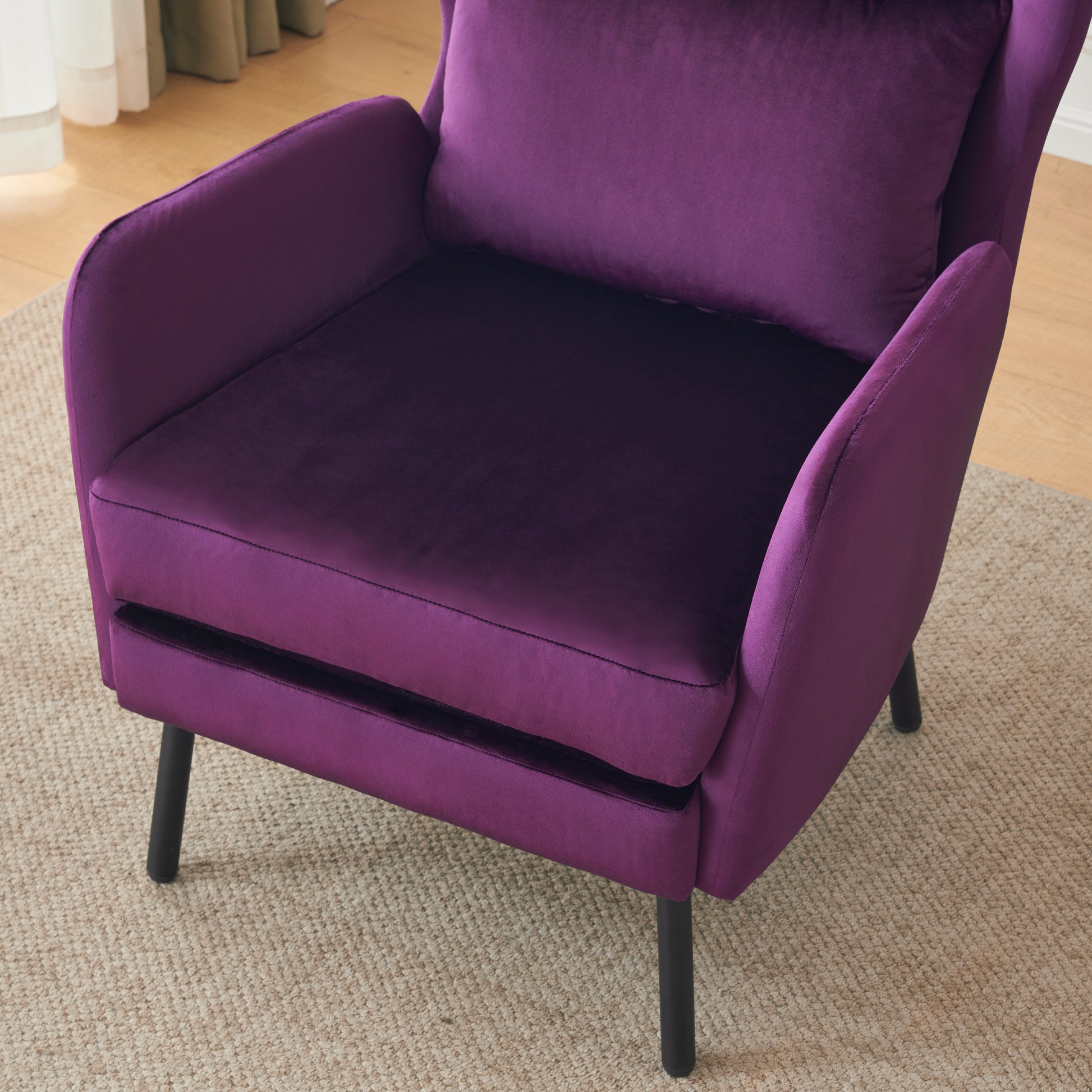 Wing Back Velvet Accent Chair, Modern Living Room Armchair Comfy Upholstered Single Sofa Chair For Bedroom Dorms Reading Reception Room With Metal Legs & Pillow, Purple Purple Velvet