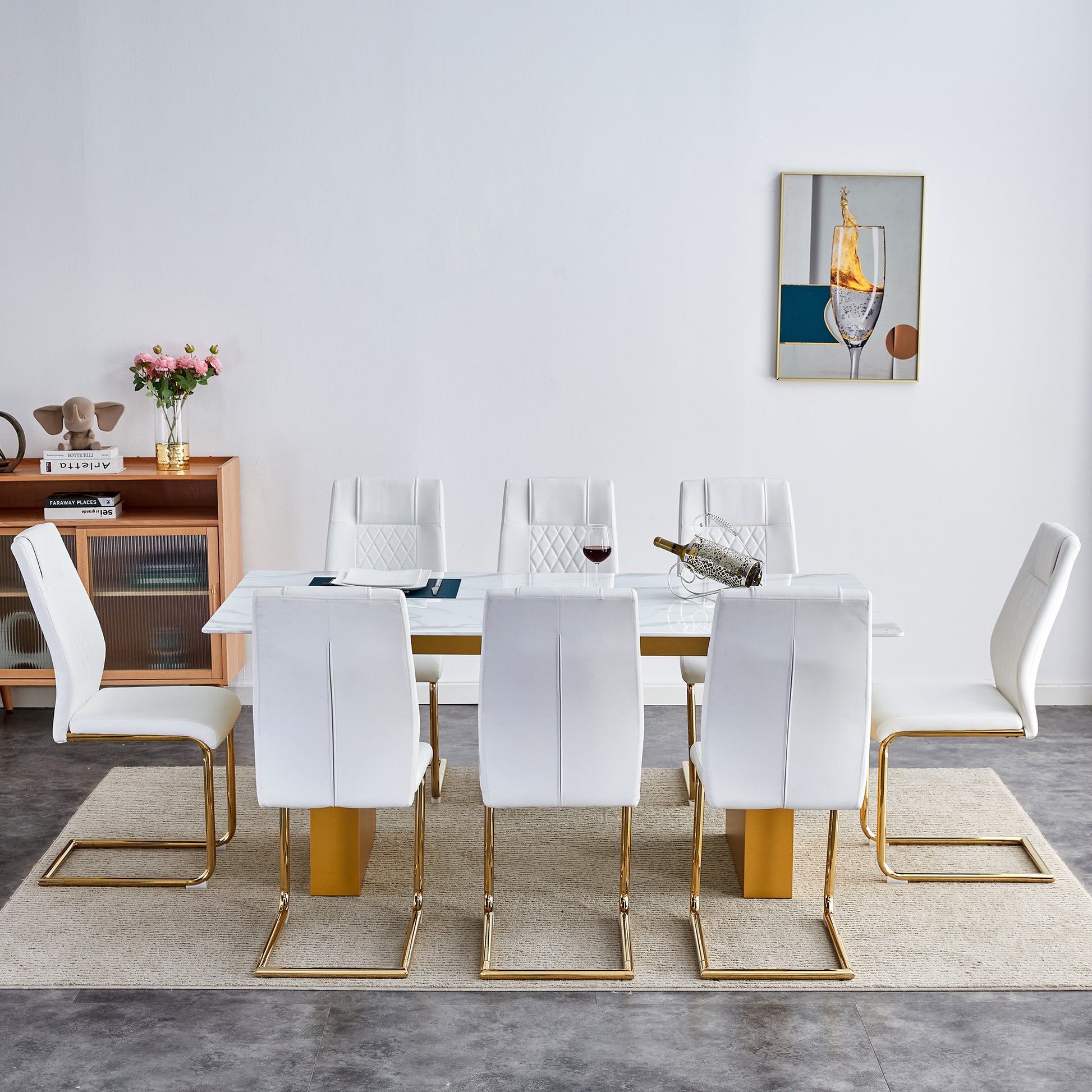 Table And Chair Set.Large Modern Rectangular Table With 0.4 Inch Patterned Glass Tabletop And Large Mdf Table Legs.Comes With 8 Chairs With Faux Leather Cushioned Seats And Golden Metal Legs. Gold White Seats 8 Mdf Glass