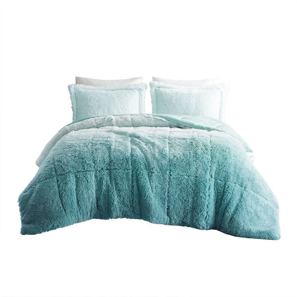 Ombre Shaggy Long Fur Comforter Mini Set Full Aqua Polyester