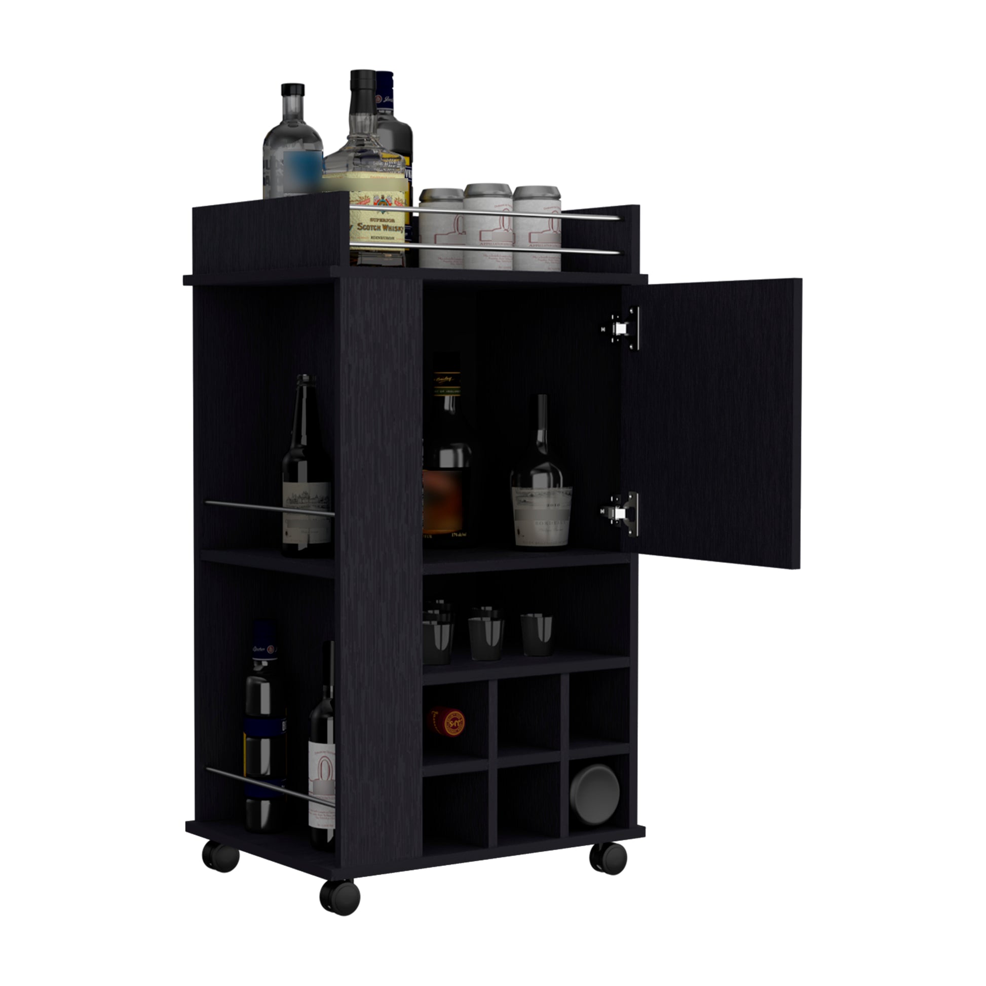 Fargo Bar Cart With Cabinet, 6 Built In Wine Rack And Casters Black Primary Living Space Modern Particle Board Open Storage Engineered Wood