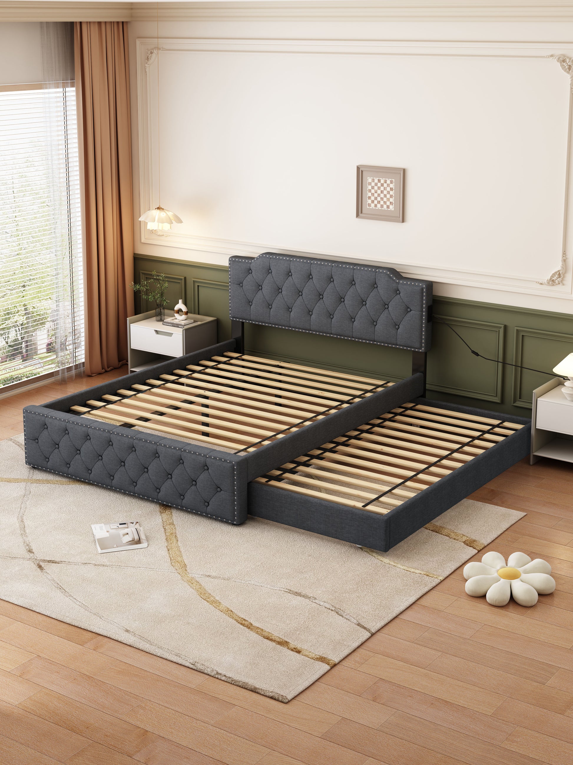 Queen Size Upholstered Platform Bed With Twin Size Trundle And Usb Portsdecorate With Copper Nails,Linen Fabric, Dark Grey Queen Dark Gray Composite Linen Fabric