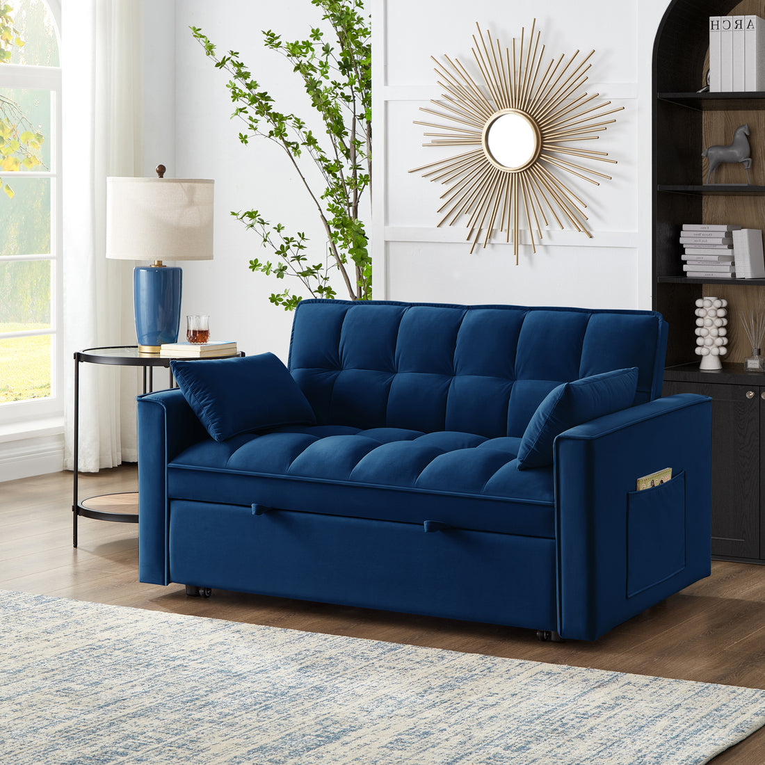 4 In1 Loveseat Sofa Bed With Armrests & Storage Pockets, Multi Function Tufted Pull Out Sofa Bed With Adjustable Backrest And Pillows, Convertible Loveseat Sofa Couch, Navy Navy Velvet Primary Living Space Medium Soft Tufted Back American