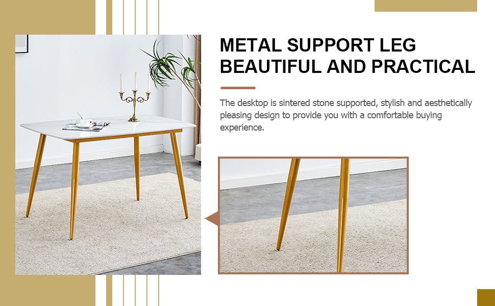 Table And Chair Set.A Morden Table With White Imitation Marble Patterned Stone Burning Tabletop With Golden Metal Legs.Paried With 4 Chairs With Pu Leather Backrest And Black Metal Legs. Black,White Gold Seats 4 Metal,Sintered Stone
