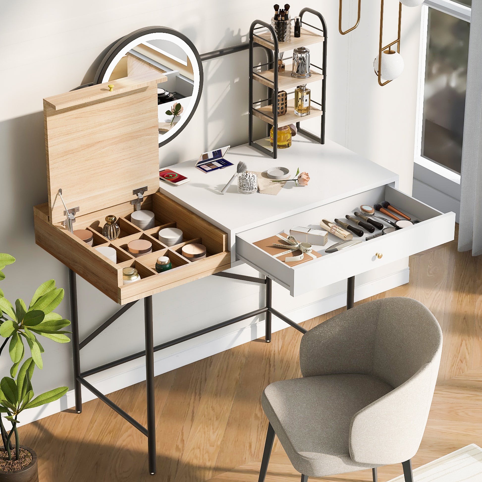 modern dressing table with drawers Oboval Modern Marble Top Makeup Vanity Dressing Table with Corner CabinetHomary