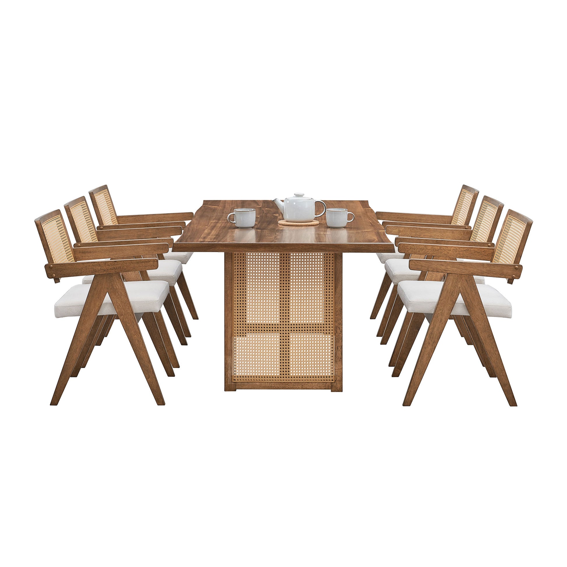 86.61 Inch Oversize Rectangular Waves Dining Table Set,7 Pcs Wooden Dining Table And Chairs,Mid Century Modern Large Kitchen Set For Living Room,Bohemian Dining Table With Rattan Weave For