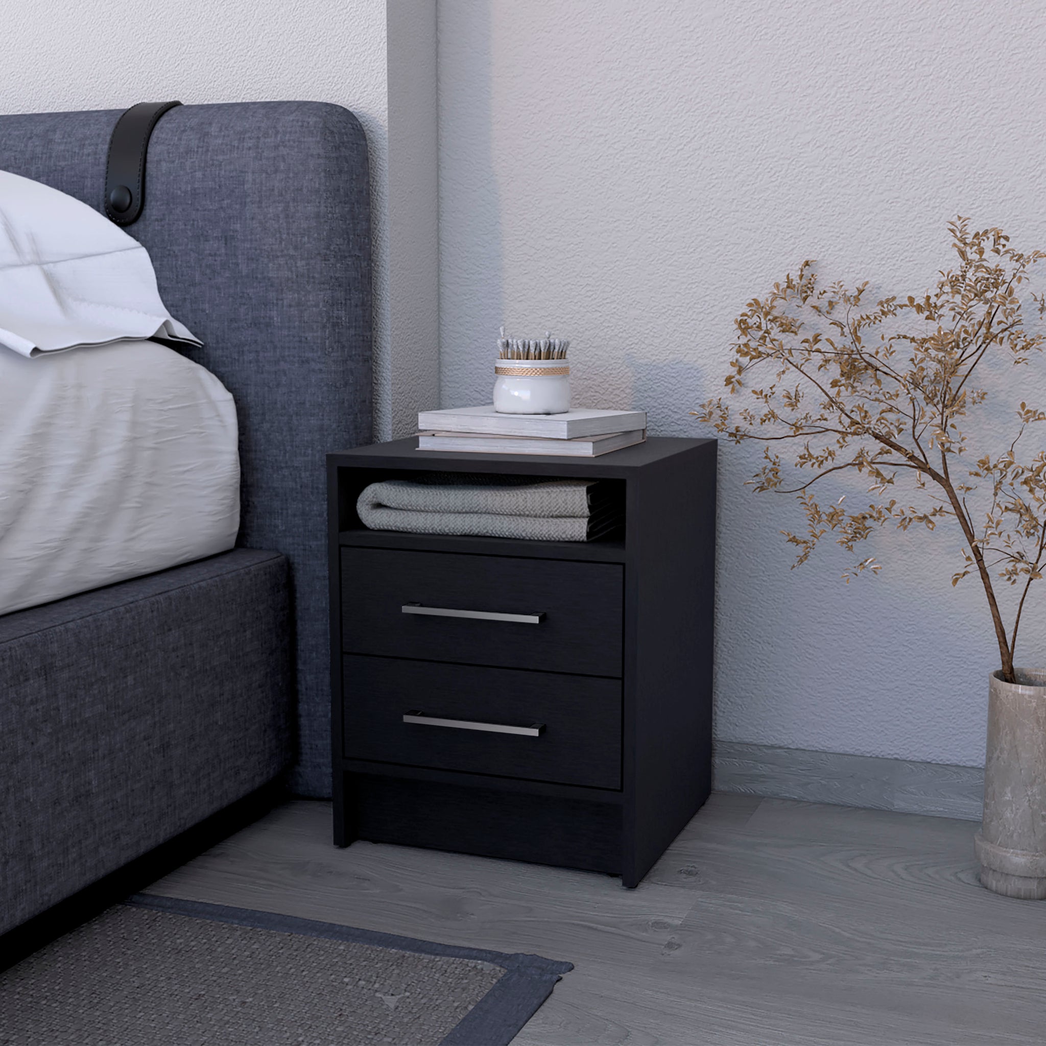 Eastover Nightstand 2.0 In Melamine With Two Drawers Black 2 Drawers Bedroom Modern Drawers Particle Board Melamine