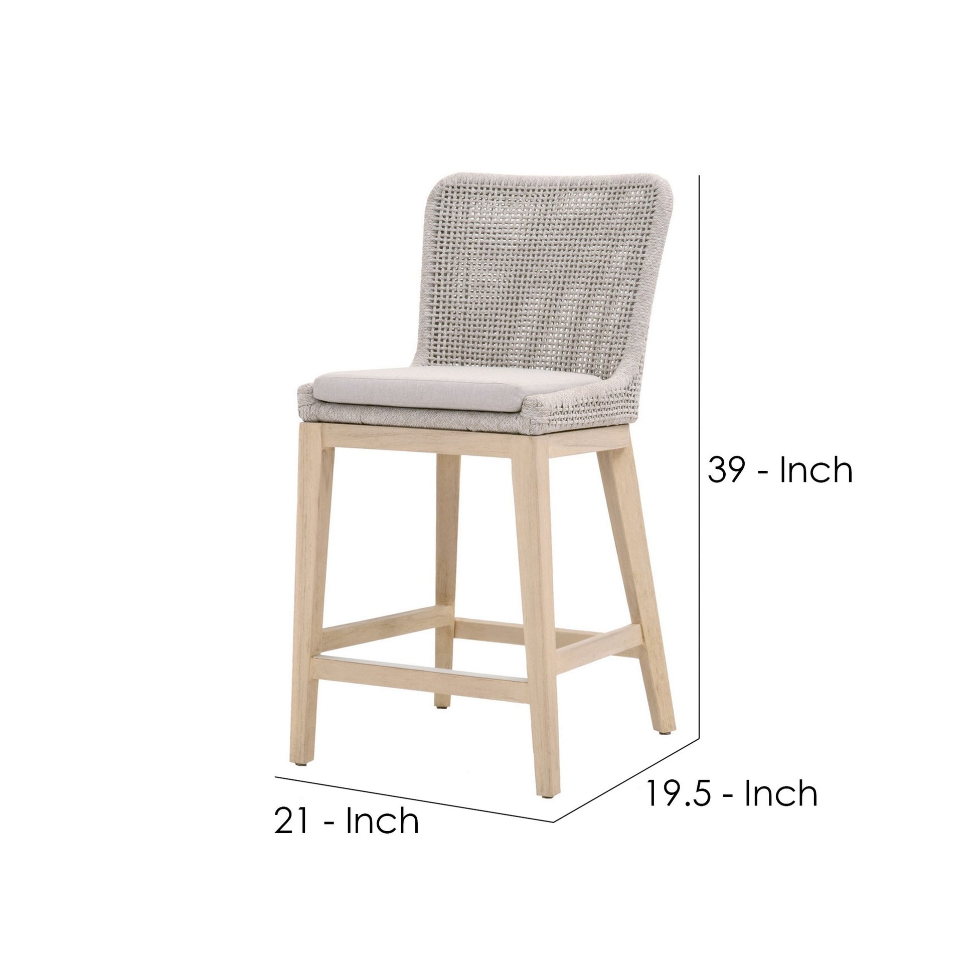 Counter Stool With Mesh Design Rope Backrest, Brown And Gray Grey Brown Wood Rope