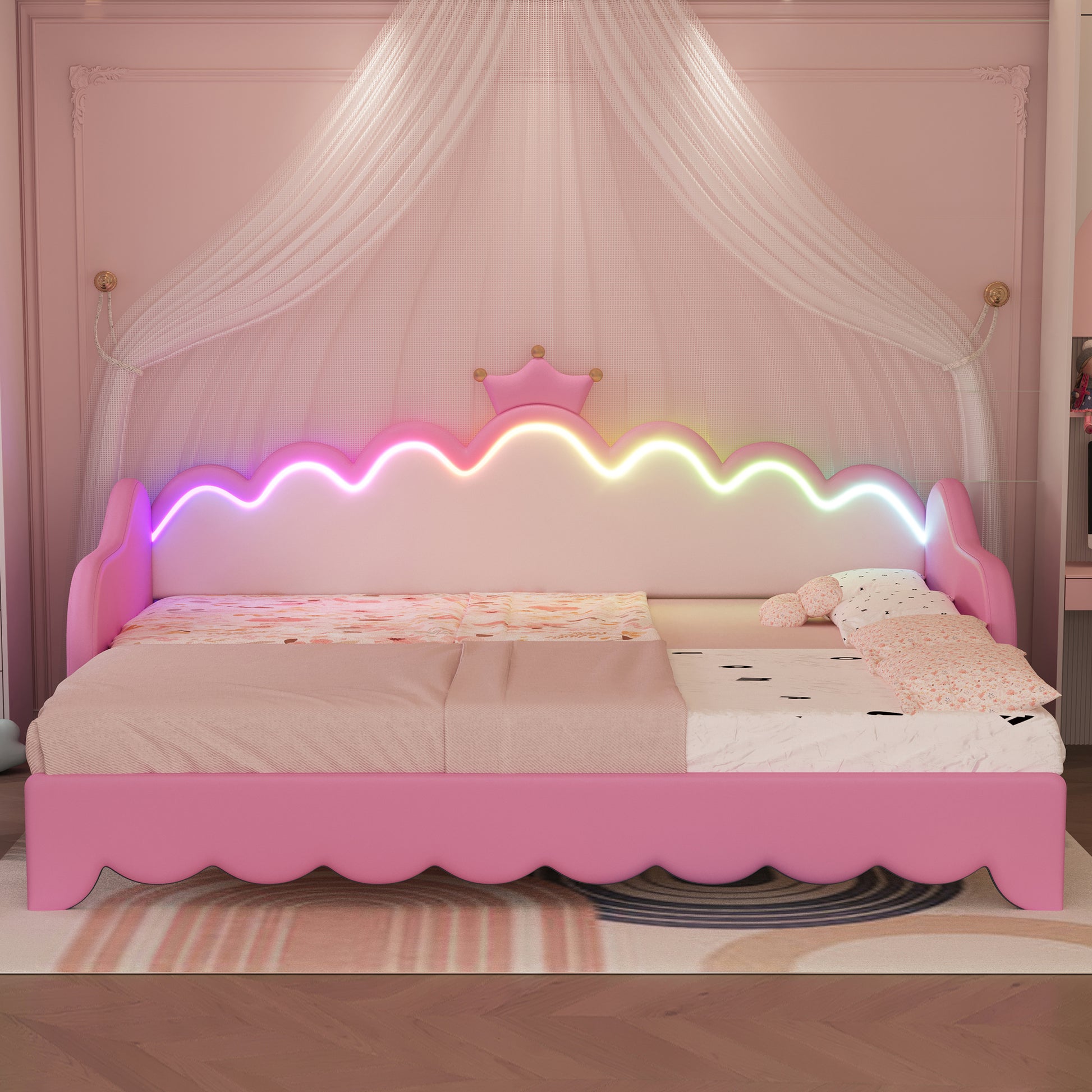 Twin Extending Daybed With Led Lights, Modern Upholstered Princess Daybed With Crown Headboard,Pink Twin Pink Wood