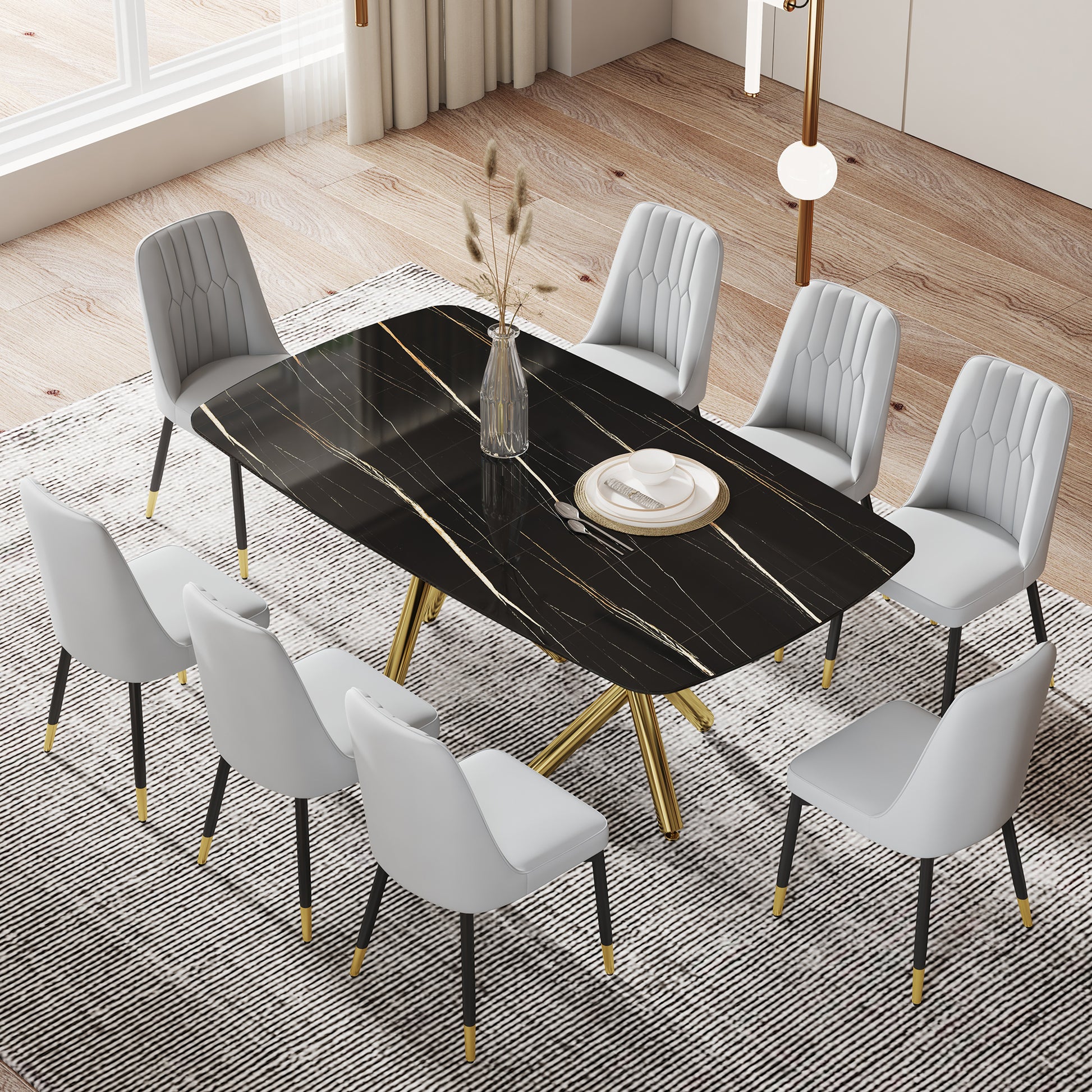 Large Modern Minimalist Rectangular Dining Table With 0.39 "Imitation Marble Black Desktop And Gold Metal Legs, Paired With 8 Chairs With Pu Cushions And Black Metal Legs.F 1538 C 007 Black Gold Glass Metal