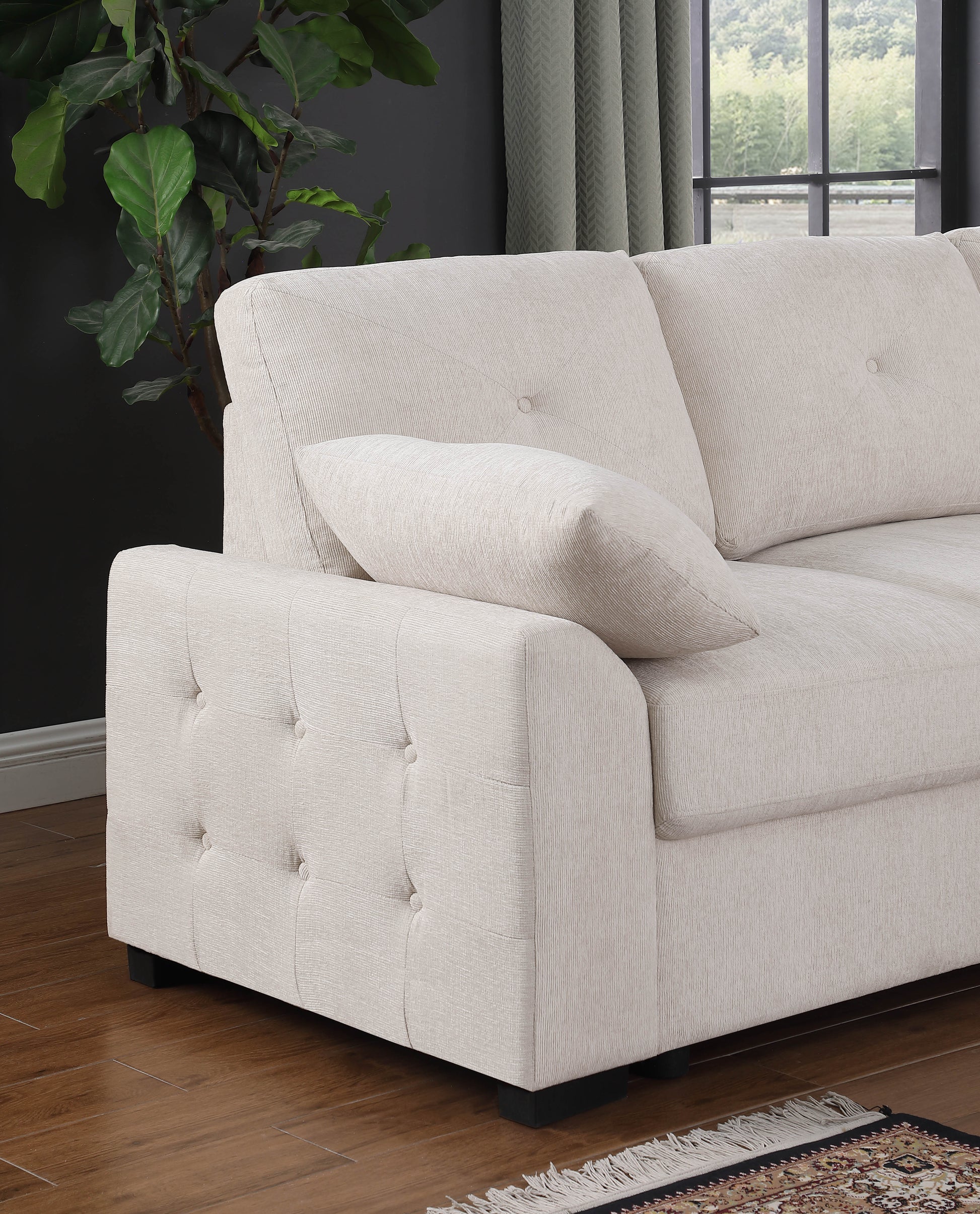 Nyhan Upholstered Corner Sectional With Pull Out Loveseat And Storaged Chaise Beige Medium Firm L Shaped Chenille 5 Seat