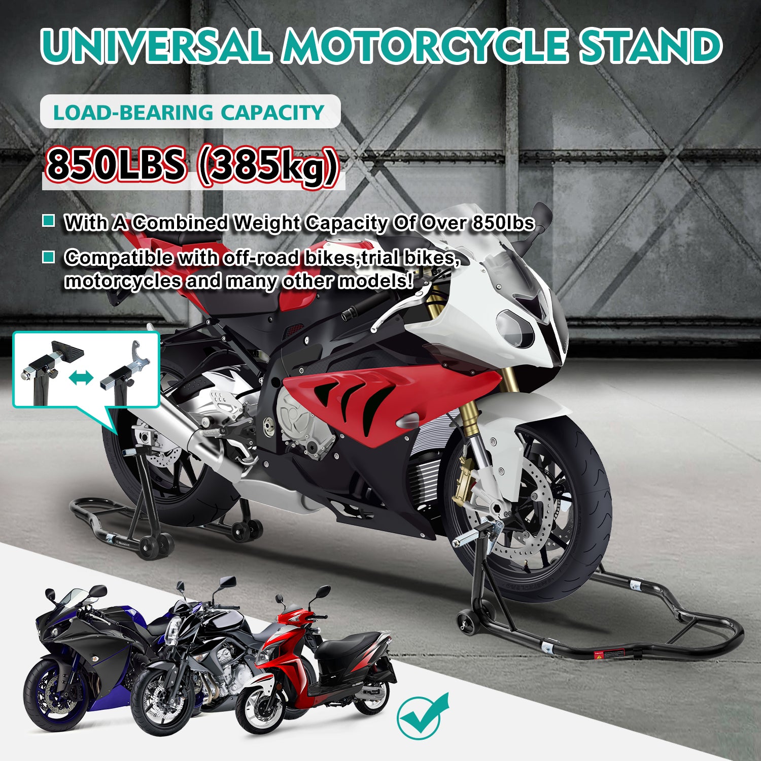 Motorcycle Stand 850Lb Sport Bike Front & Rear Wheel Lift Swingarm Paddock Stands Black,U L Black Steel