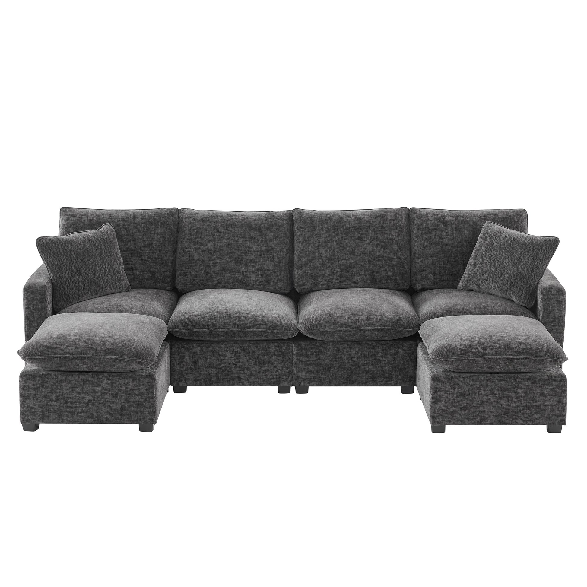 110*57" Modern U Shape Modular Sofa, 6 Seat Chenille Sectional Couch Set With 2 Pillows Included, Freely Combinable Indoor Funiture For Living Room, Apartment, Office, 2 Colors Black Grey Chenille 6 Seat