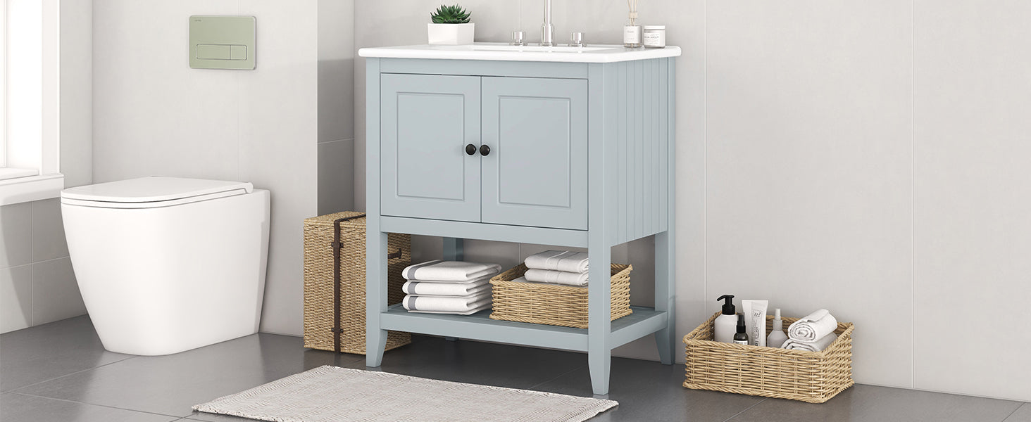 30" Gray Modern Sleek Bathroom Vanity Elegant Ceramic Sink With Solid Wood Frame Open Style Shelf & Door Shelf Design Gray Solid Wood