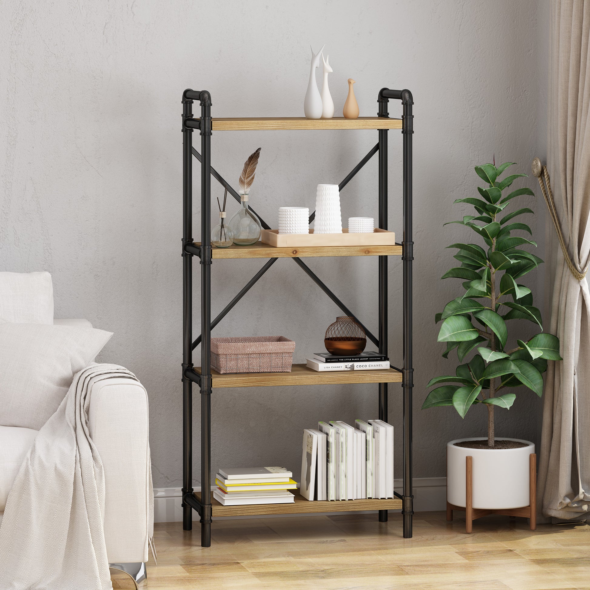 Metal Pipe Shelf With Fir Wood Black Metal & Wood