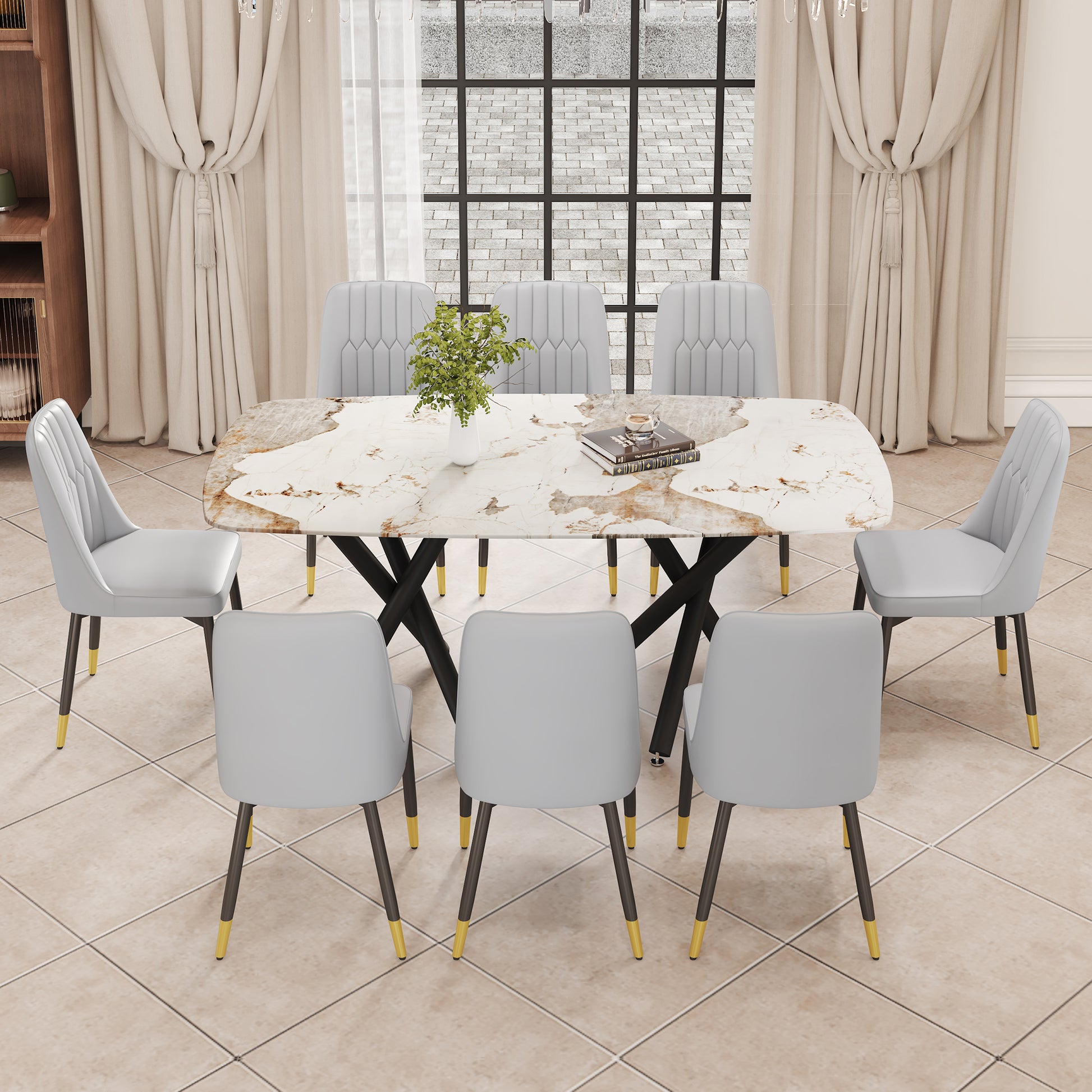 1 Table And 8 Chairs Set.A Rectangular Dining Table With A 0.39 Inch Imitation Marble Tabletop And Black Metal Legs.Paired With 8 Chairs With Pu Leather Seat Cushion And Black Metal Legs.F 1538,C 007 Black Glass Metal