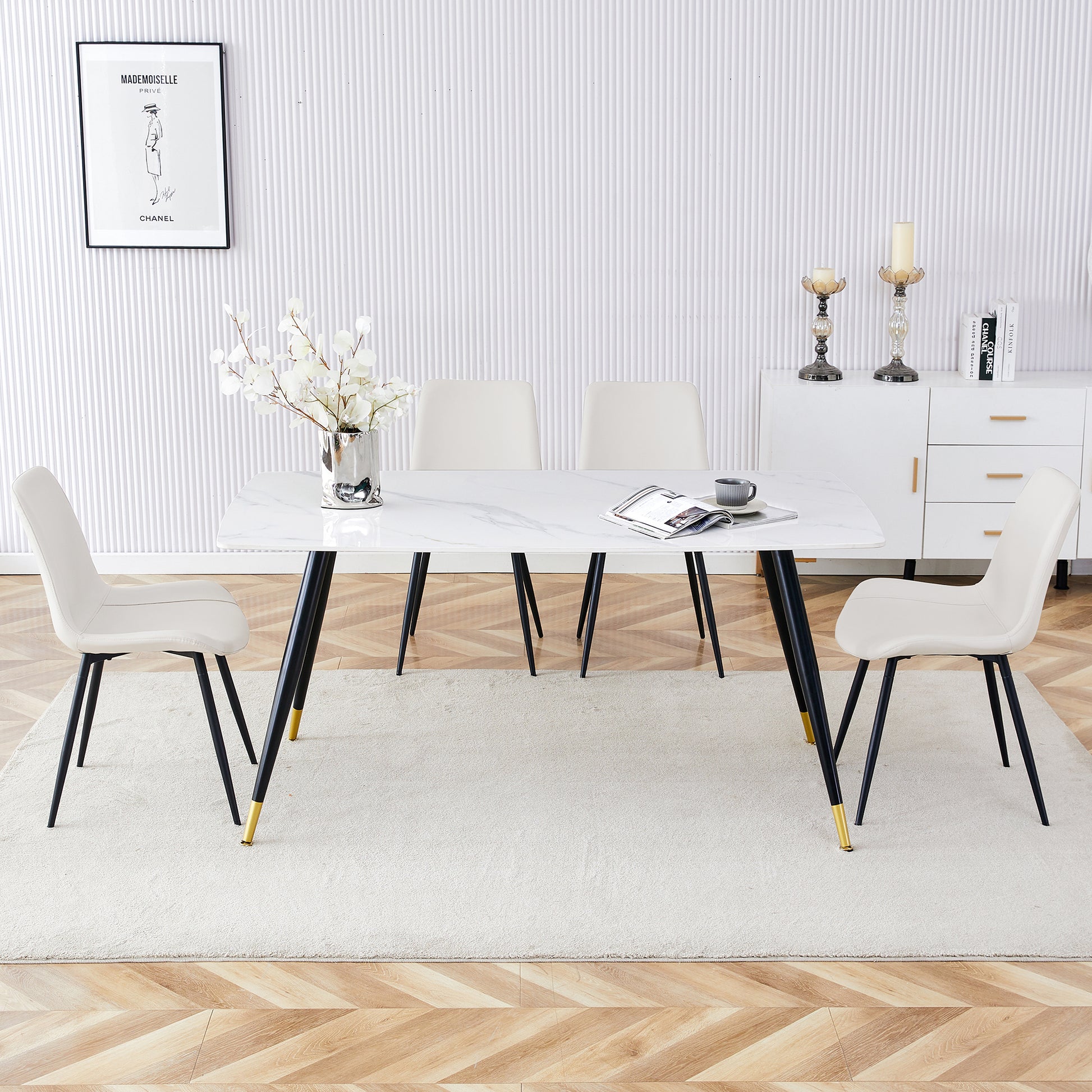 Table And Chair Set, White Imitation Marble Texture Rock Board Table Top, Black Metal Table Legs.Paired With 4 White Artificial Leather Backrest Cushion Dining Chairs With Black Metal Legs. White Black Seats 4 Metal