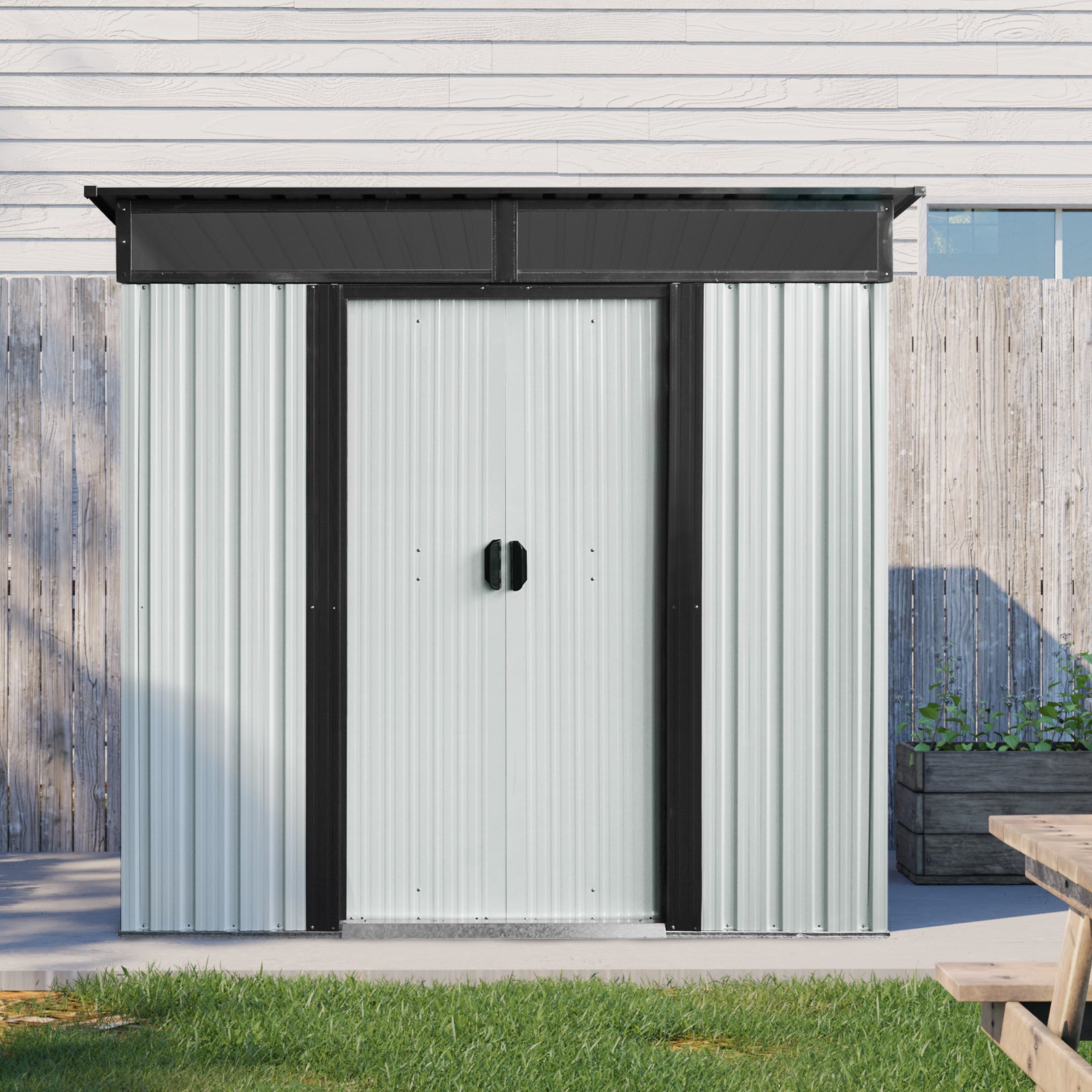 6Ft X 5Ft Outdoor Metal Storage Shed With Lockable Sliding Doors And Transparent Plate For Garden, Lawn White And Black White Black Iron