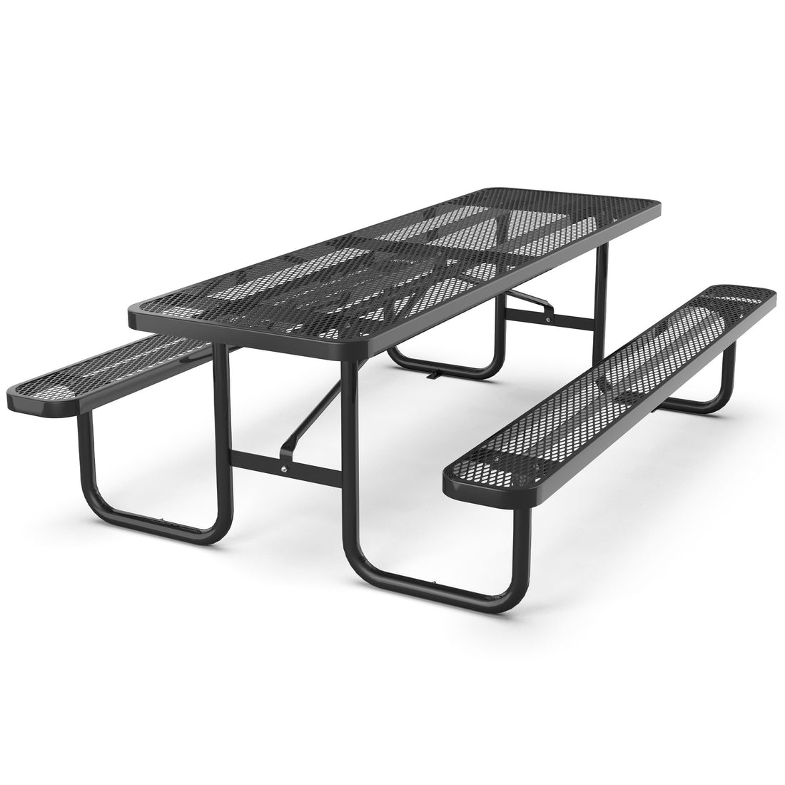 96" Expanded Metal Rectangular Picnic Table, Black Black Steel Steel