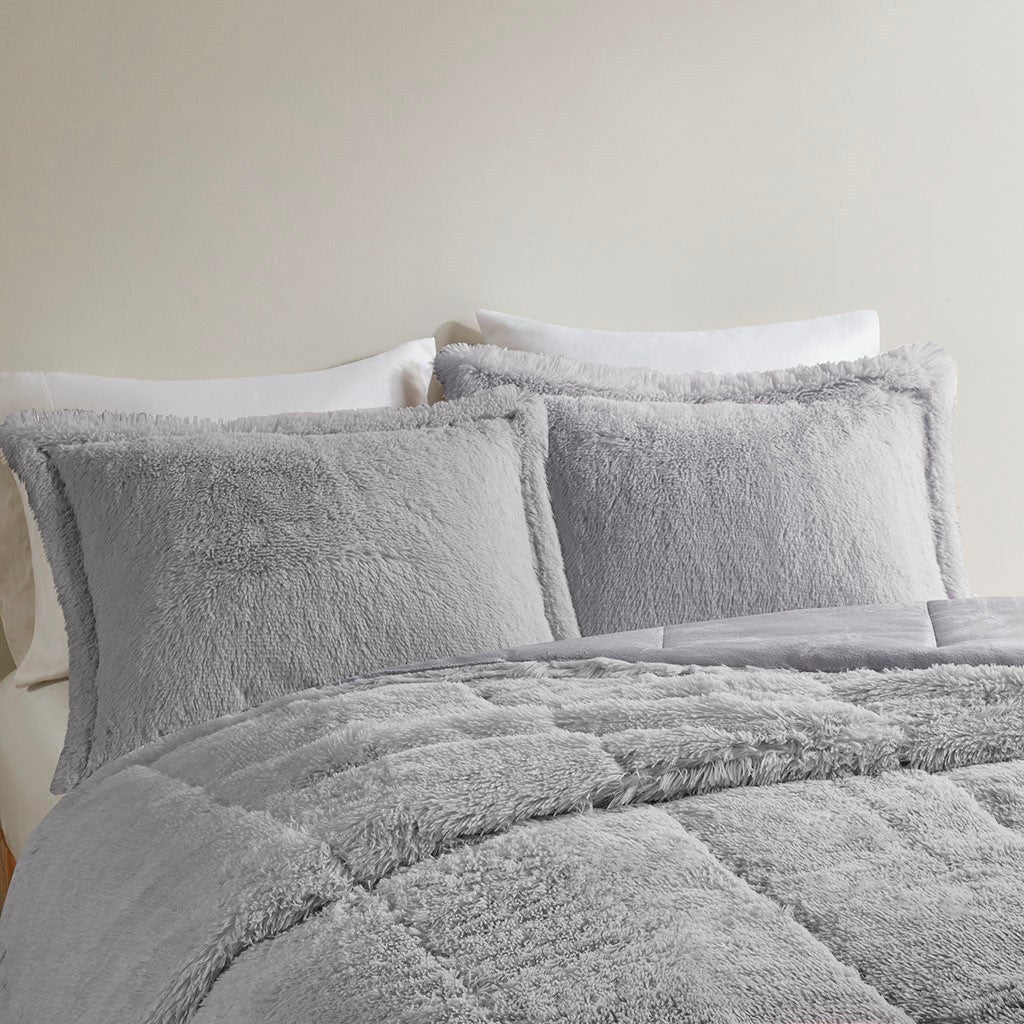 Ombre Shaggy Long Fur Comforter Mini Set King Grey Polyester