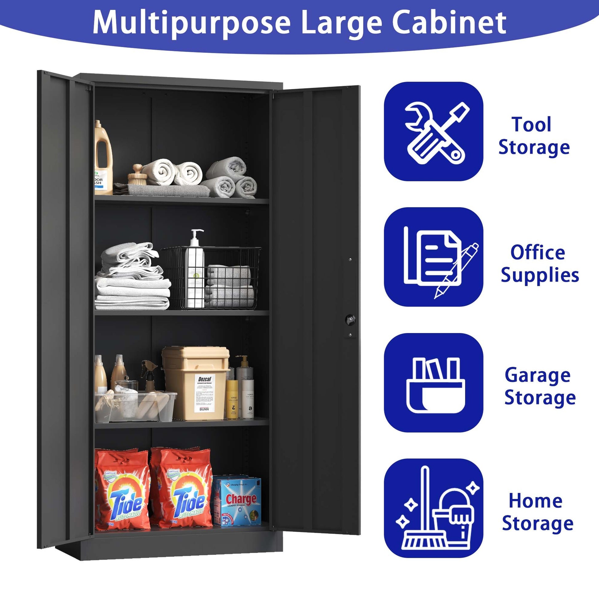 71"H Metal Garage Storage Cabinet, Black Tool Steel Locking Cabinet With Doors And 3 Shelves, Tall Cabinets For Garage Storage Systems Lockable File Cabinet For Home Office, Classroom Pantry Filing Cabinets 3 4 Shelves Black Office Adjustable Shelves