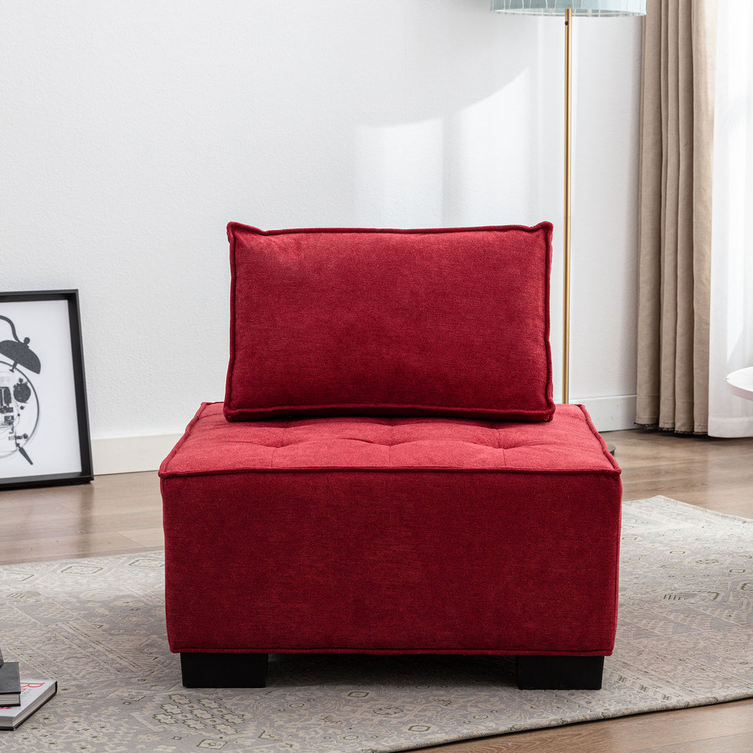 Coolmore Modern Upholstered Chair Leisure Sofa Lazy Sofa Plastic Legs And Pillow Removable Armless Accent Chair For Living Room,Bedroom,Office Rose Red Linen Rose Red Foam Linen