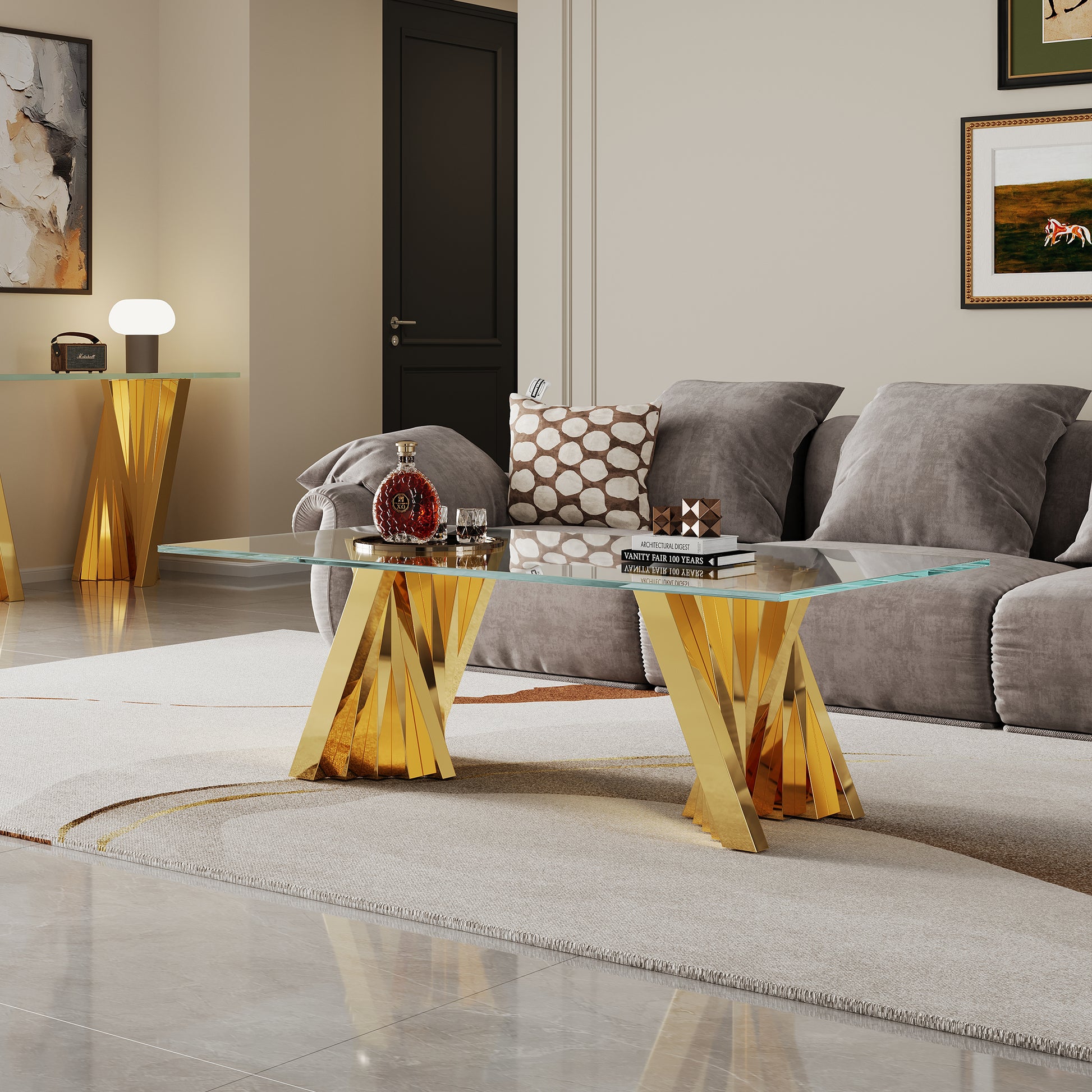 Tempered Glass Top Coffee Table With Gold Mirror Finish Stainless Steel Base Gold Tempered Glass