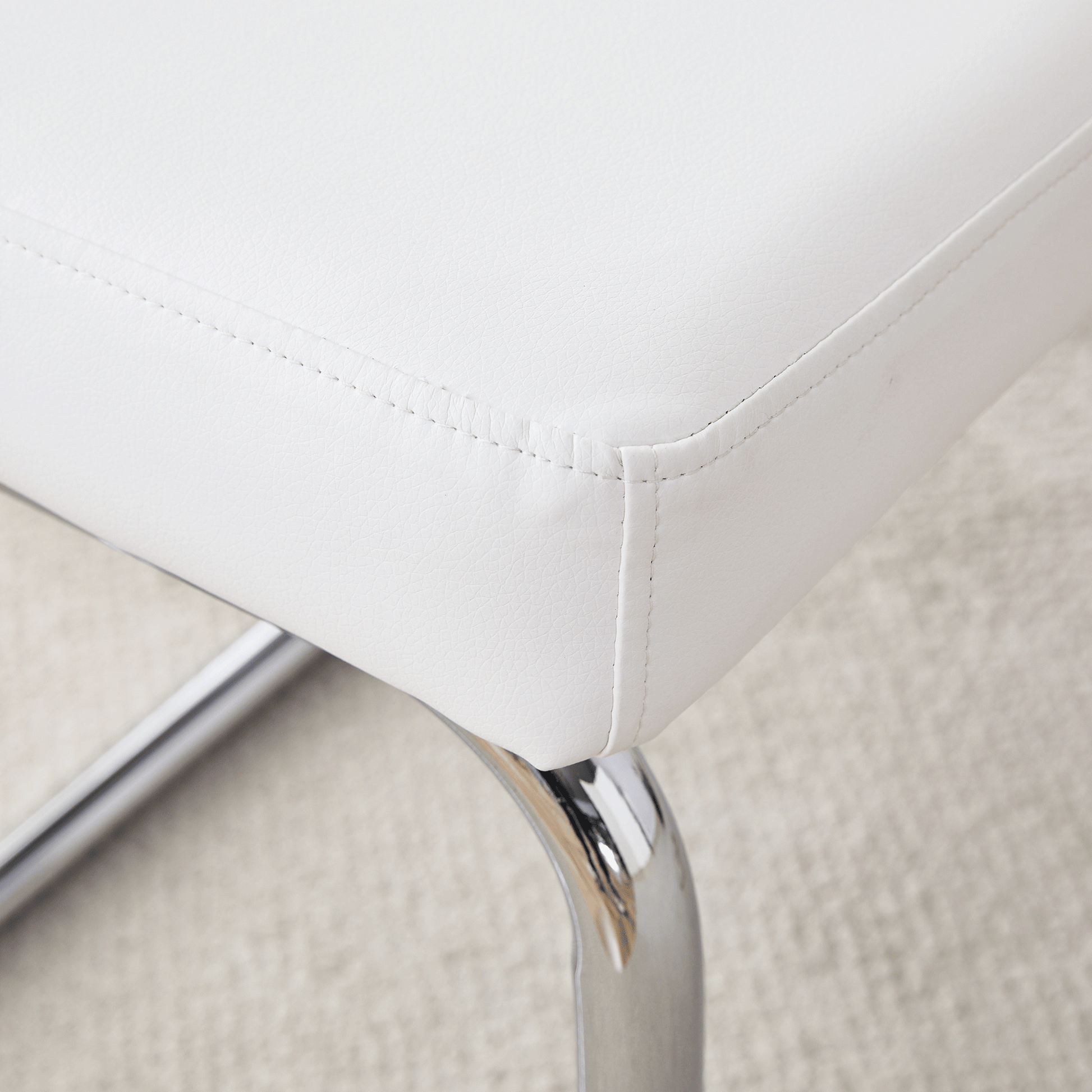 Table And Chair Set. Large Modern Rectangular Table With White Textured Top And Silver Metal Legs. Soft And Comfortable Pu Seats, Faux Leather Upholstered Seats And Sturdy Metal Legs. White Mdf Metal