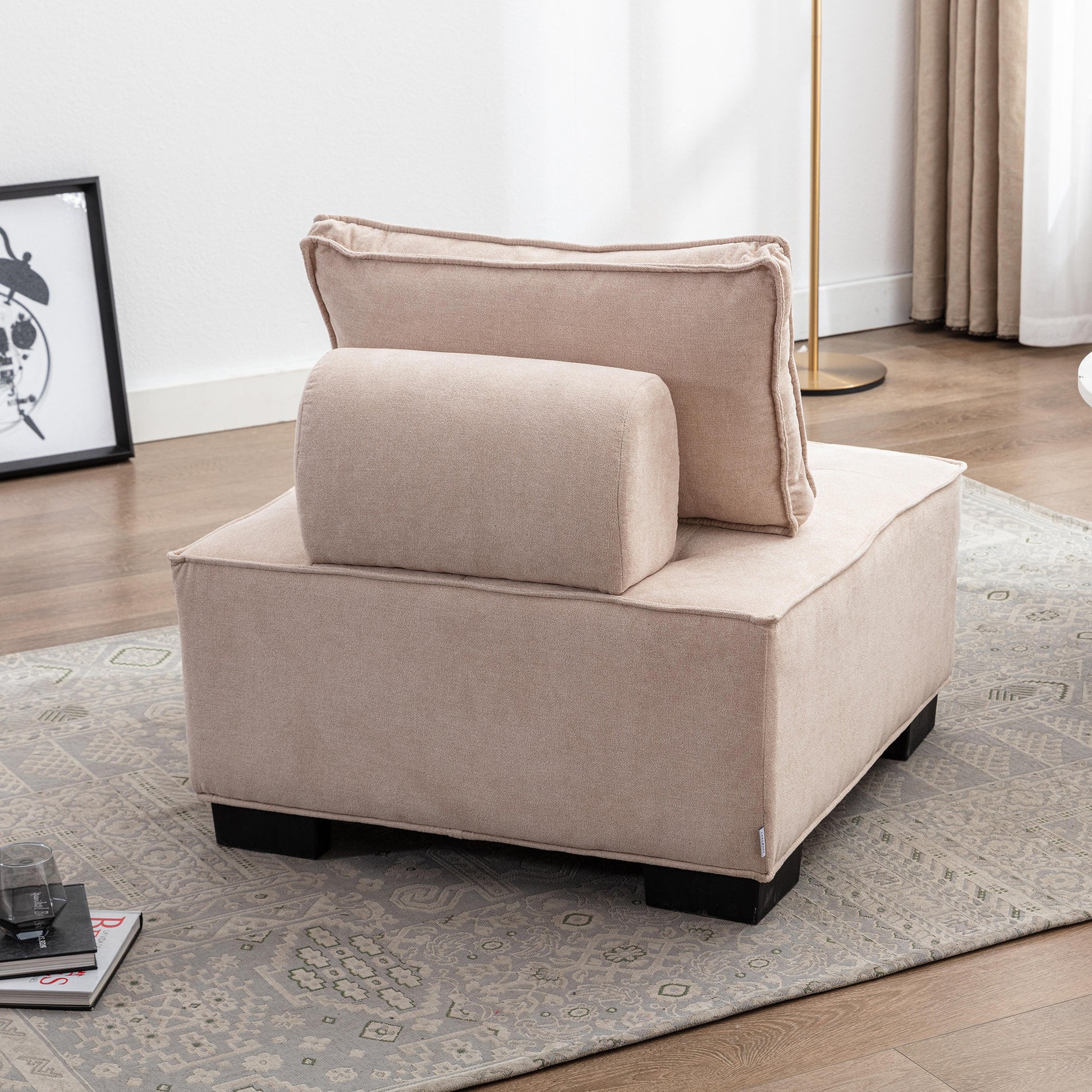 Coolmore Modern Upholstered Chair Leisure Sofa Lazy Sofa Plastic Legs And Pillow Removable Armless Accent Chair For Living Room,Bedroom,Office Beige Linen Beige Foam Linen