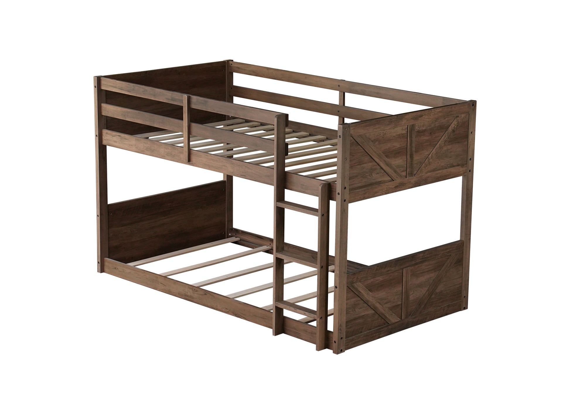 Twin Over Twin Floor Bunk Bed With Panelled Headboard And Footboard, Solid Rubber Wood Foundation With Safety Guardrails, Built In Ladder,Antique Oak Twin Antique Dark Oak Rubber Wood