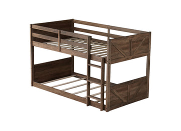 Twin Over Twin Floor Bunk Bed With Panelled Headboard And Footboard, Solid Rubber Wood Foundation With Safety Guardrails, Built In Ladder,Antique Oak Twin Antique Dark Oak Rubber Wood